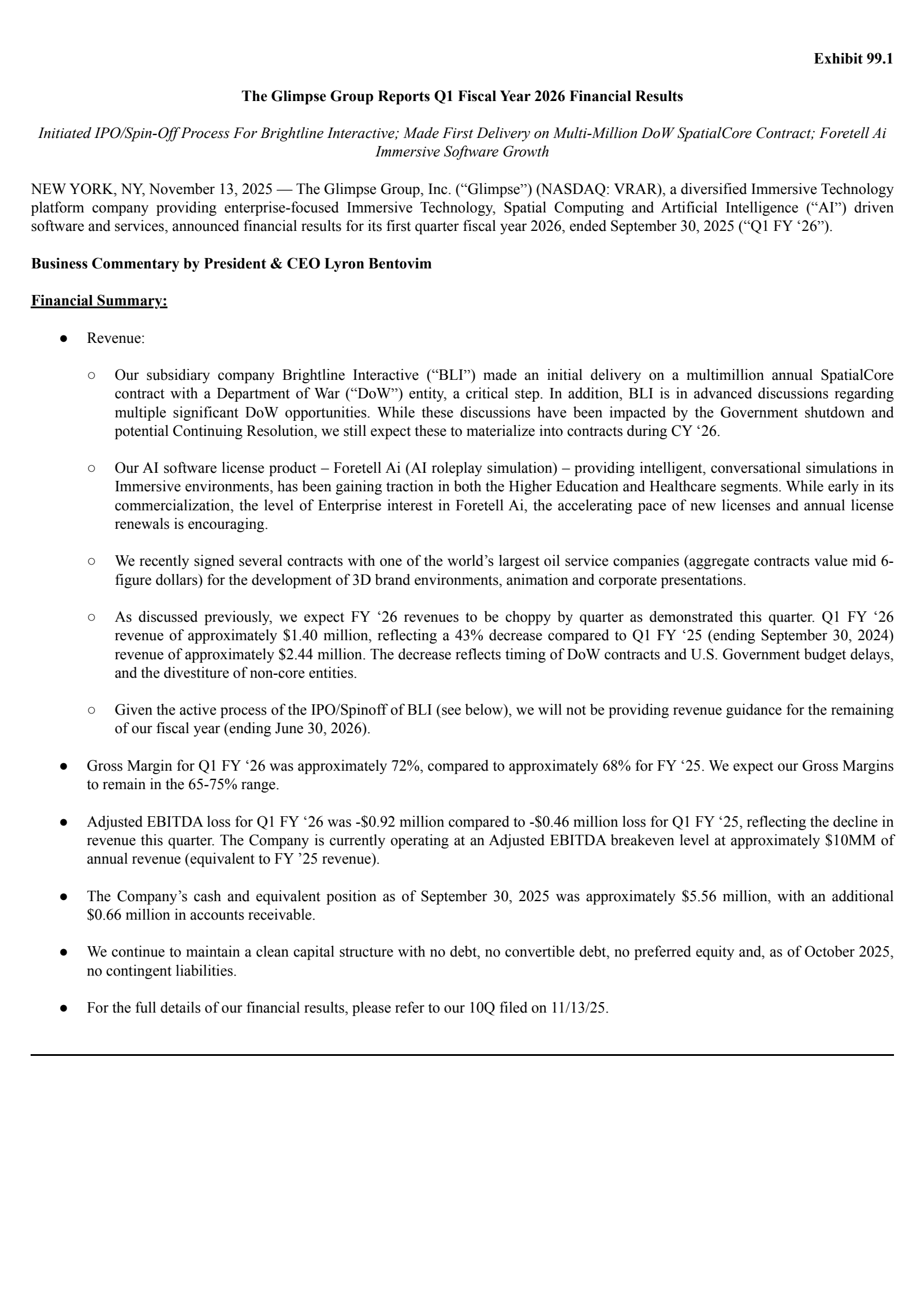 The Glimpse Group's Q1 2026 Earnings Release