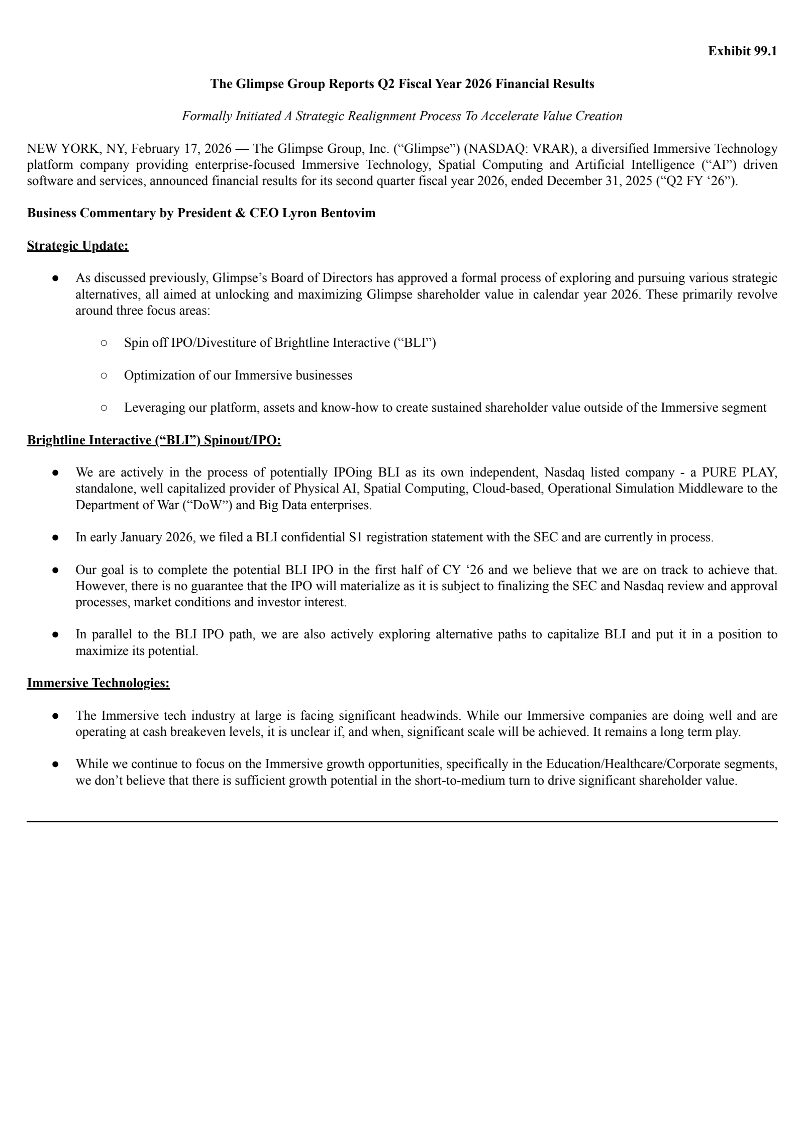 The Glimpse Group's Q2 2026 Press Release