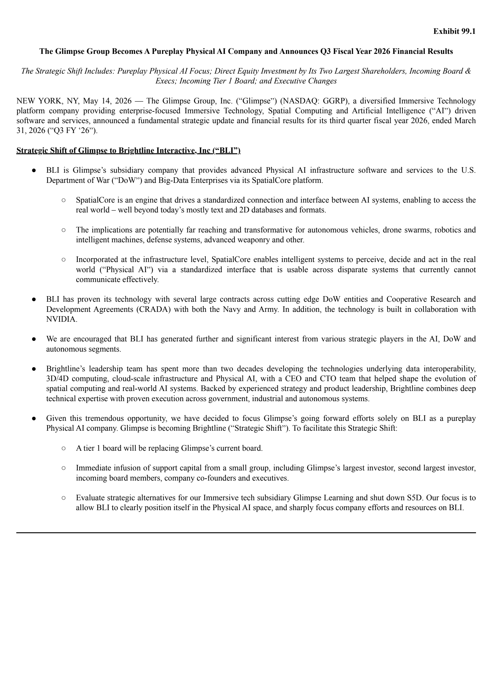 The Glimpse Group's Q3 2026 Press Release