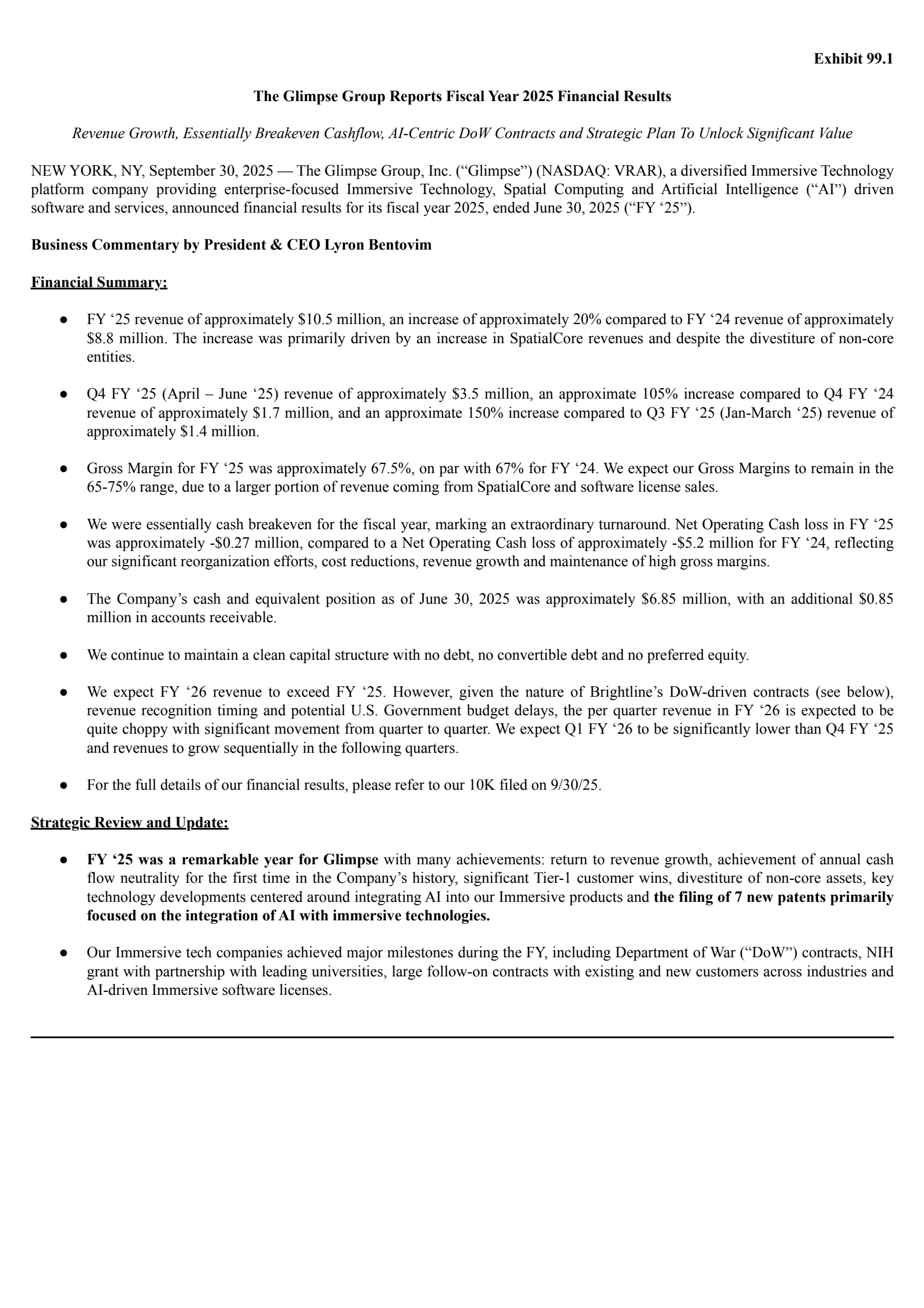 The Glimpse Group's Q4 2025 Earnings Release