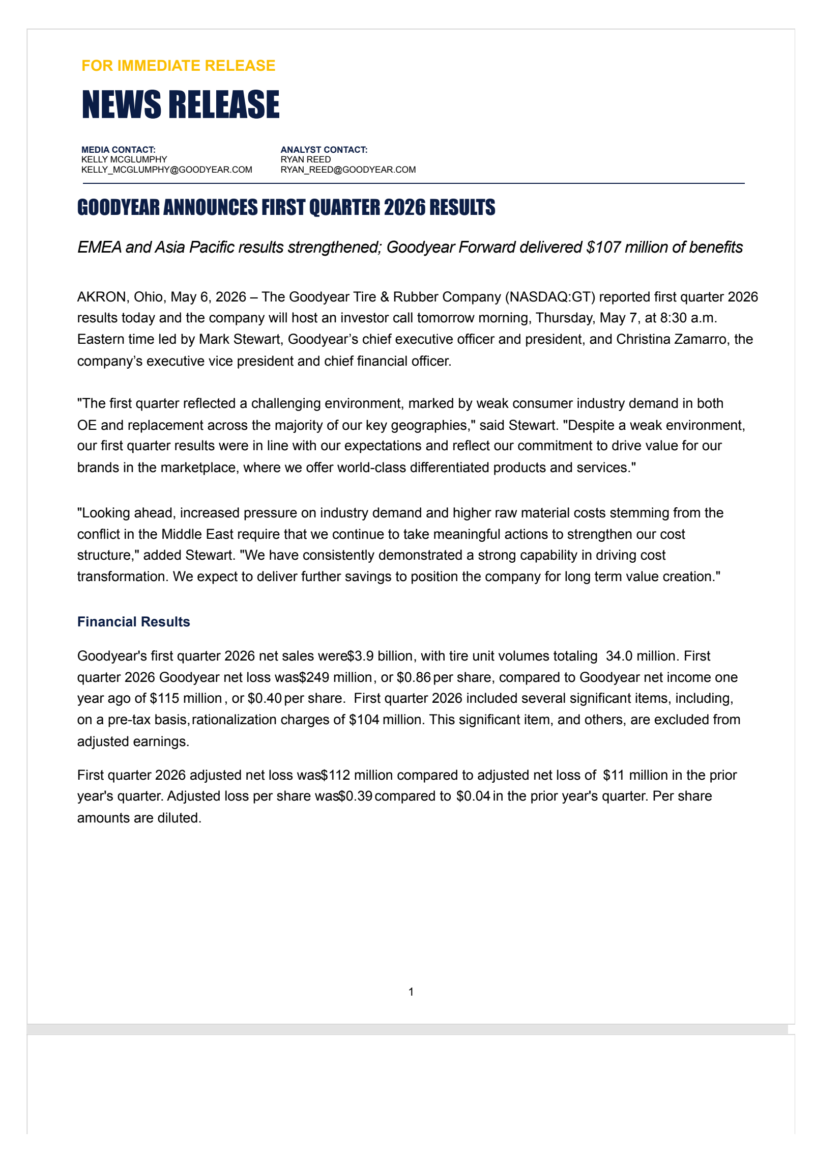 Goodyear Tire & Rubber's Q1 2026 Press Release