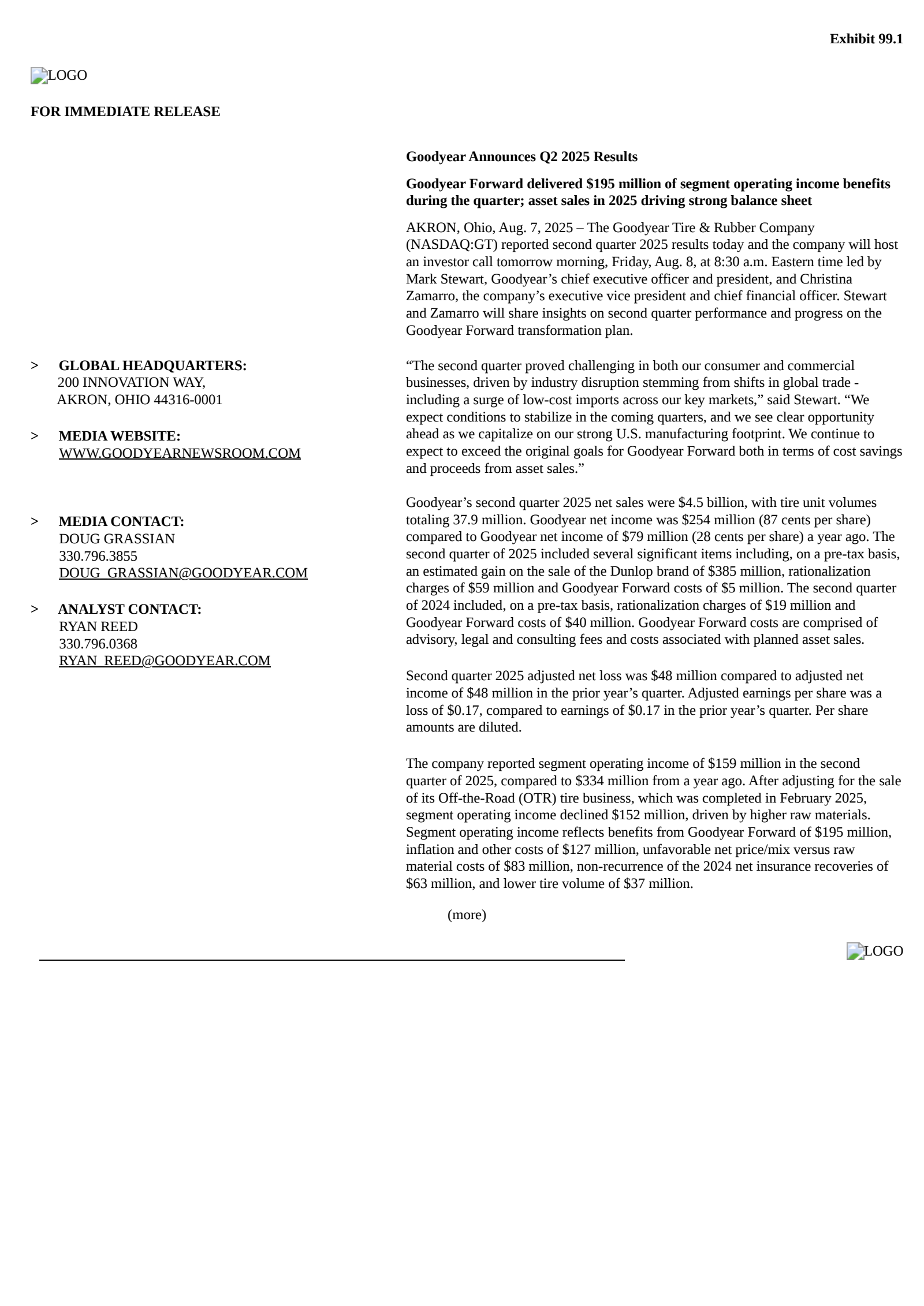 Goodyear Tire & Rubber's Q2 2025 Press Release