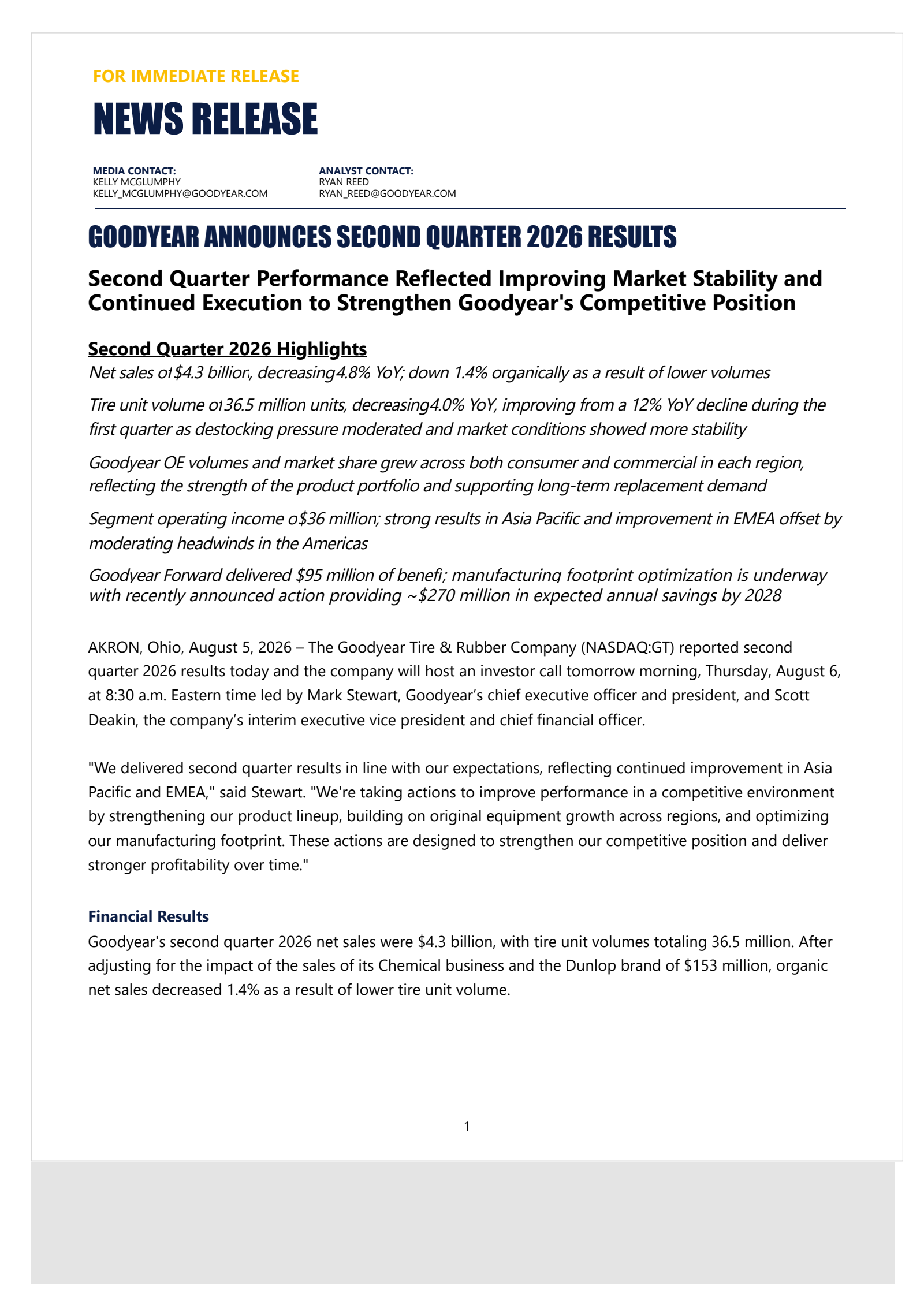 Goodyear Tire & Rubber's Q2 2026 Press Release