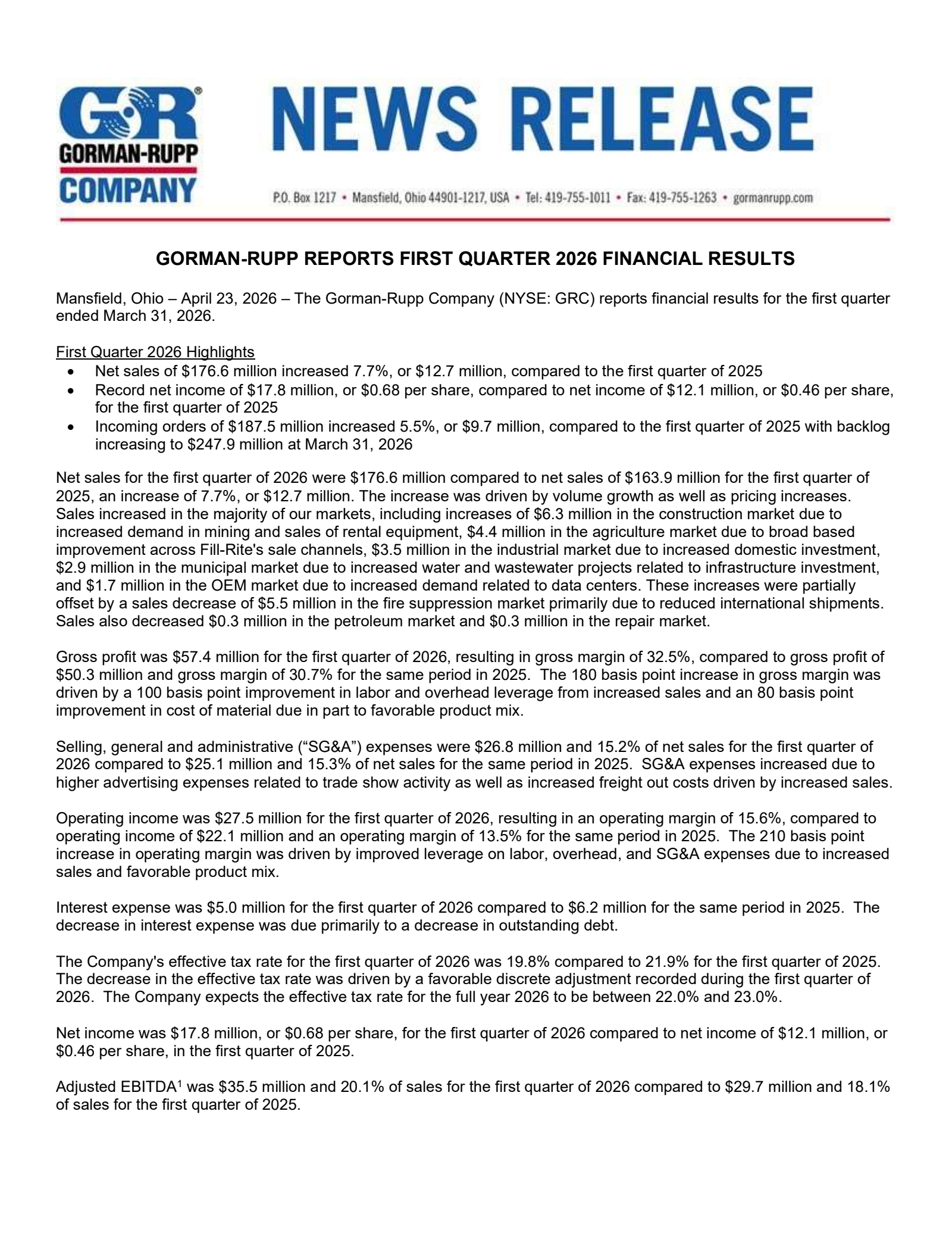 Gorman-Rupp's Q1 2026 Press Release