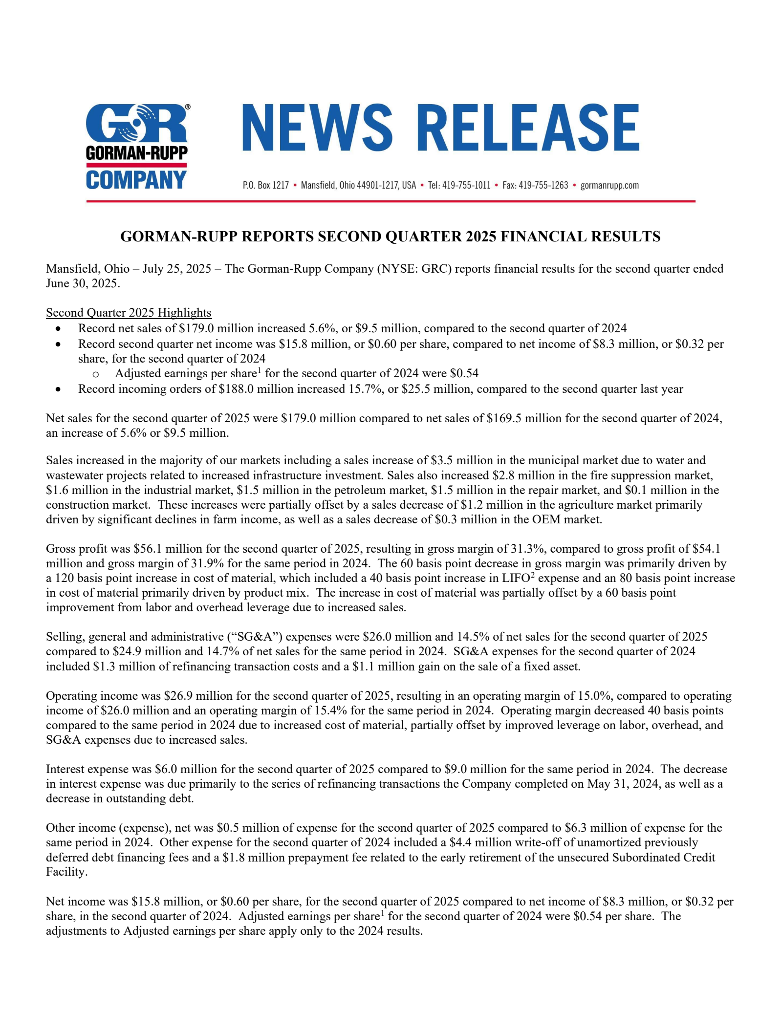 Gorman-Rupp's Q2 2025 Press Release