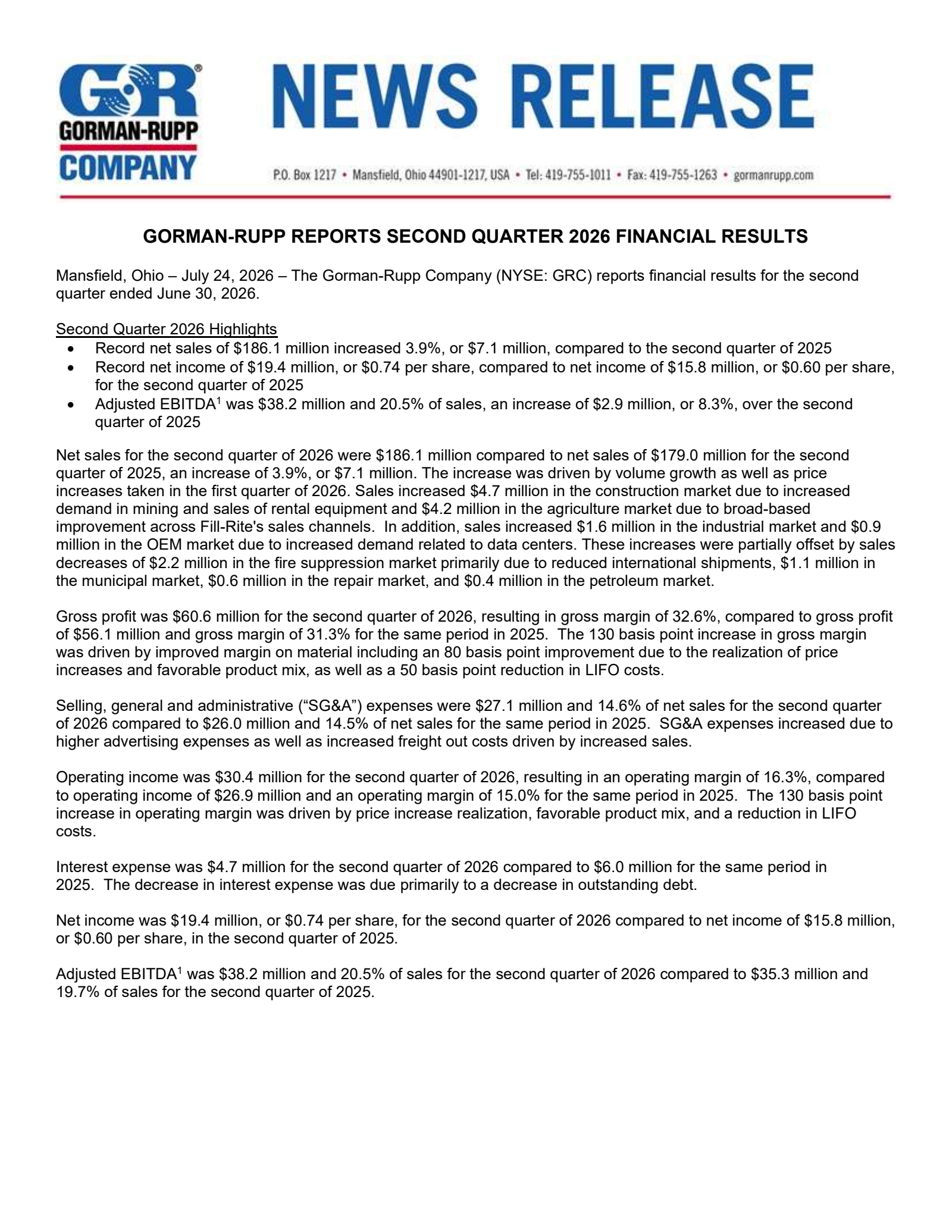 Gorman-Rupp's Q2 2026 Press Release