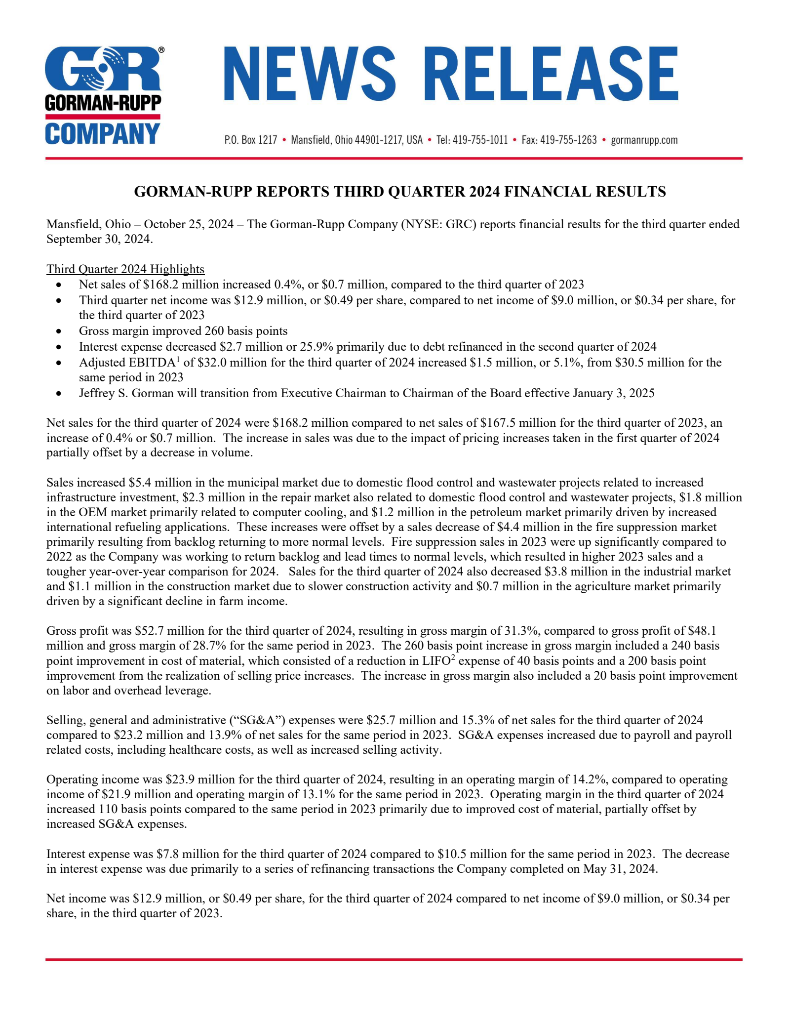 Gorman-Rupp's Q3 2024 Press Release