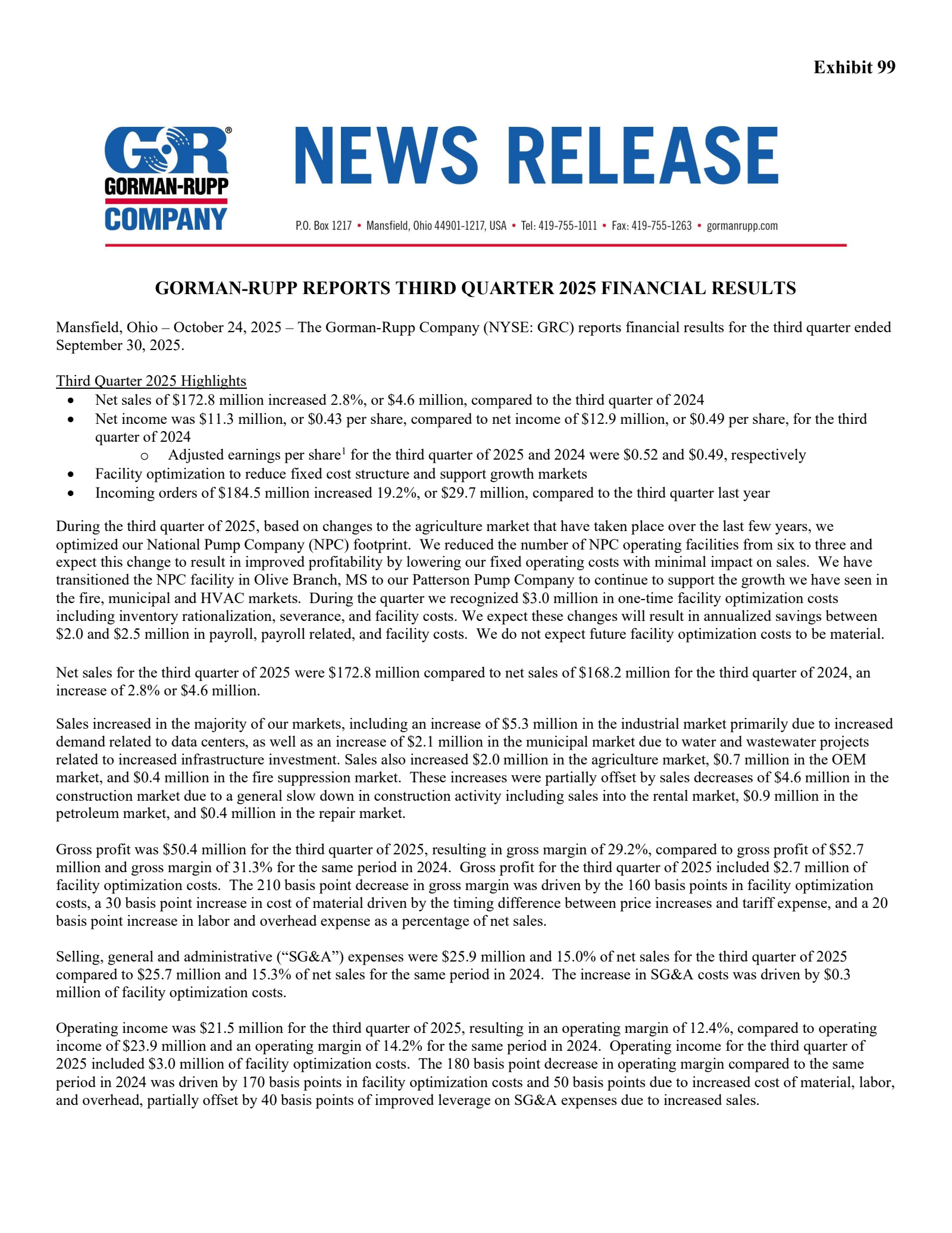 Gorman-Rupp's Q3 2025 Earnings Release