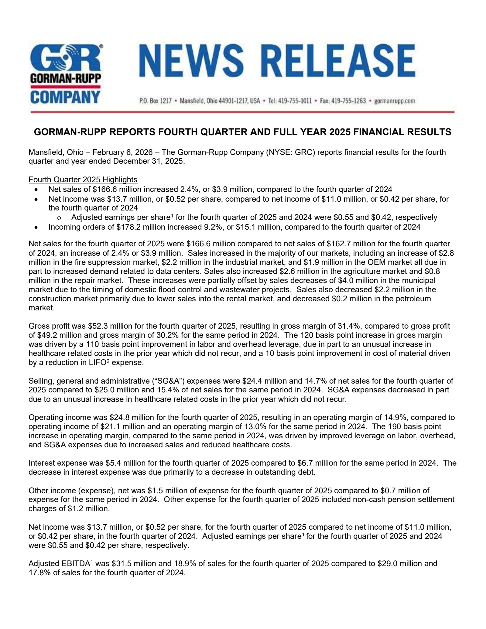 Gorman-Rupp's Q4 2025 Press Release