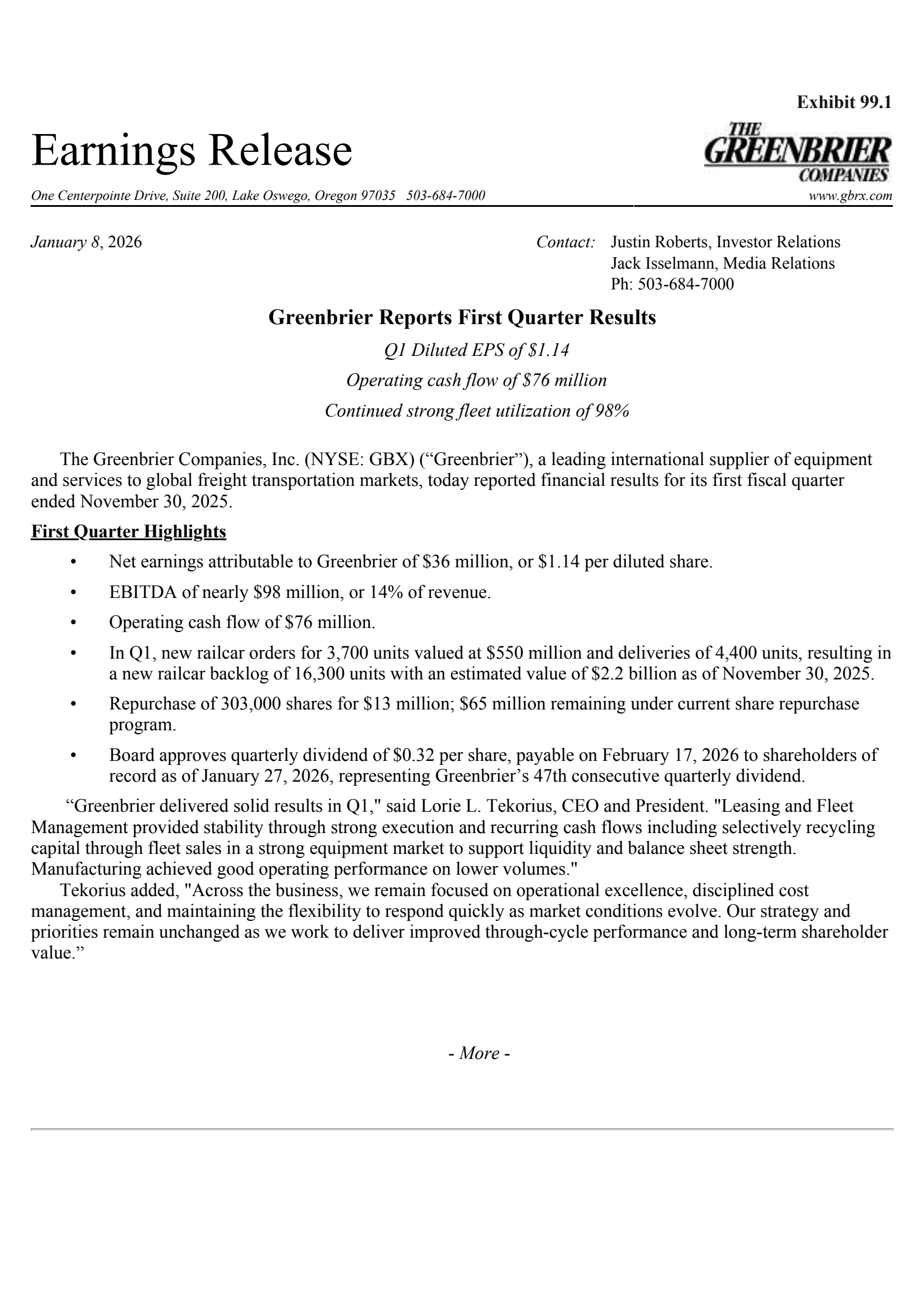Greenbrier Companies' Q1 2026 Earnings Release