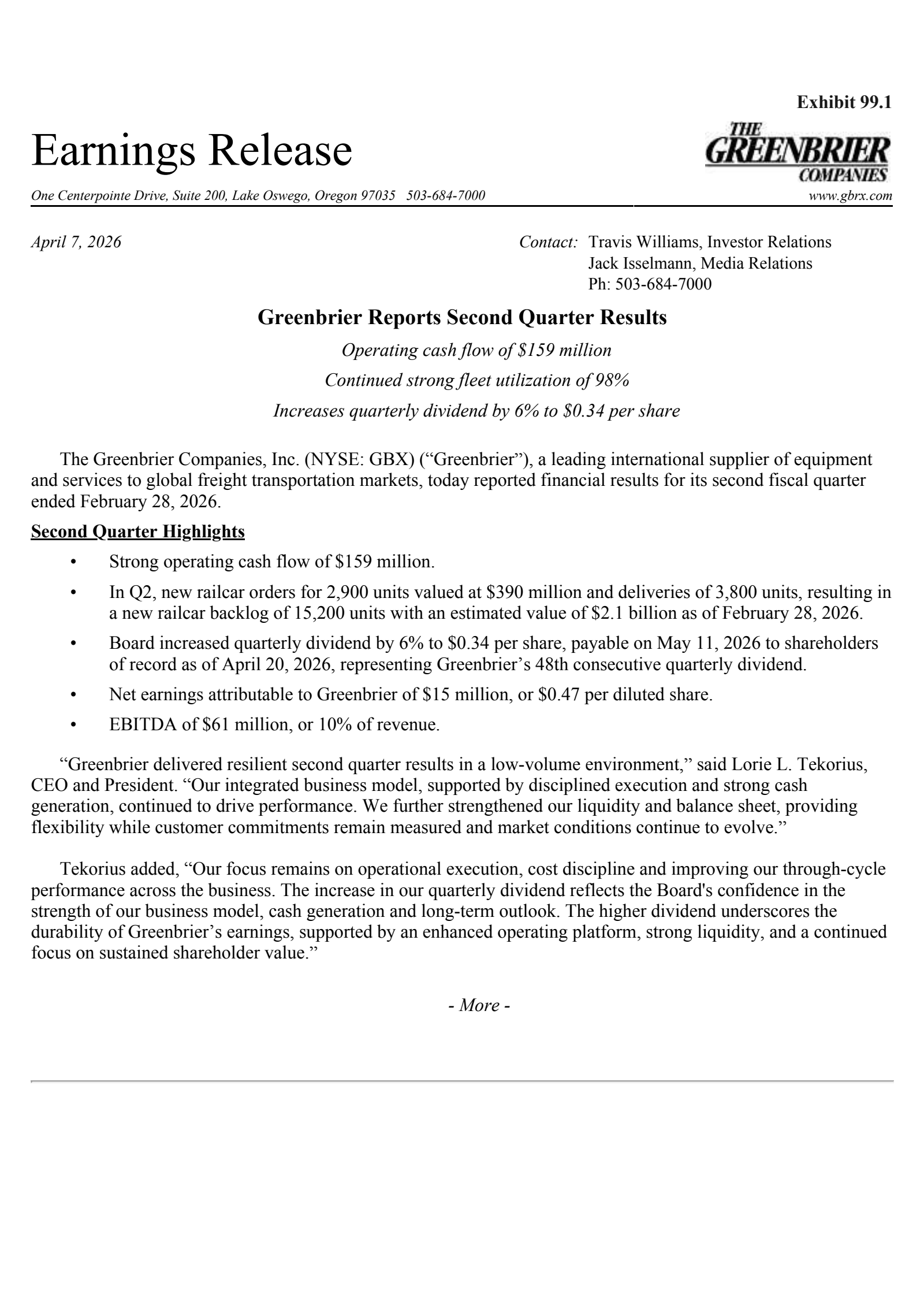 Greenbrier Companies' Q2 2026 Press Release