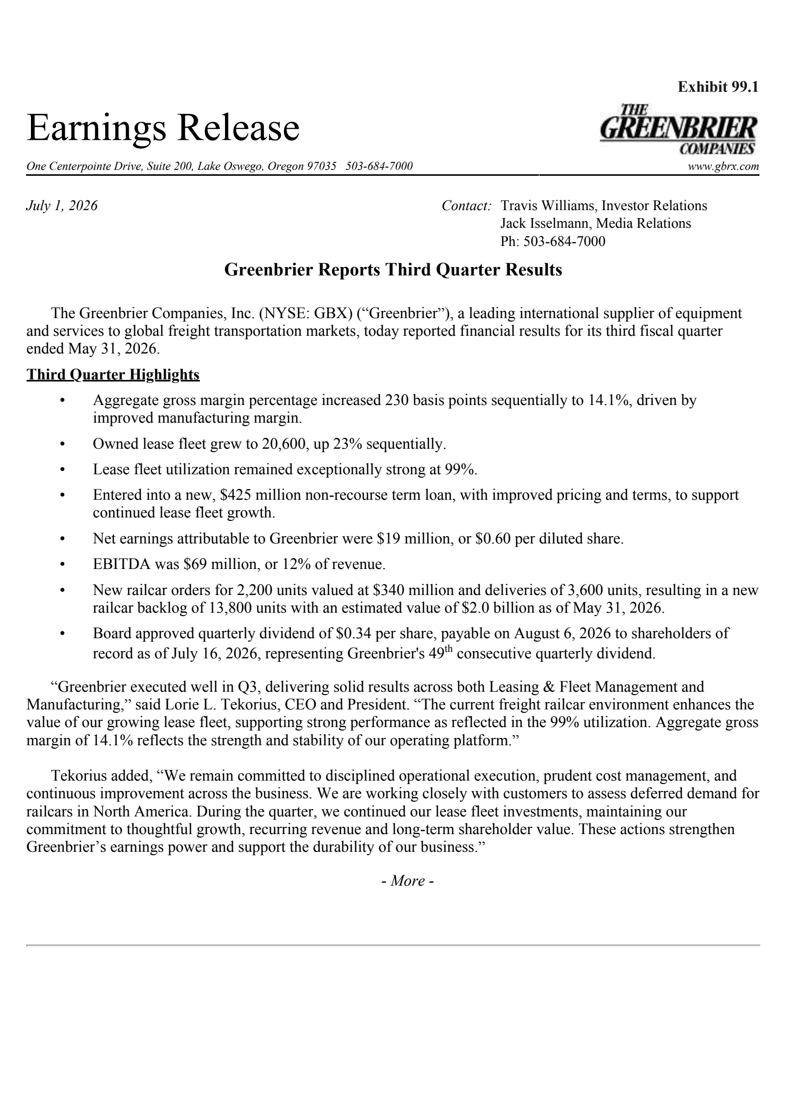Greenbrier Companies' Q3 2026 Press Release