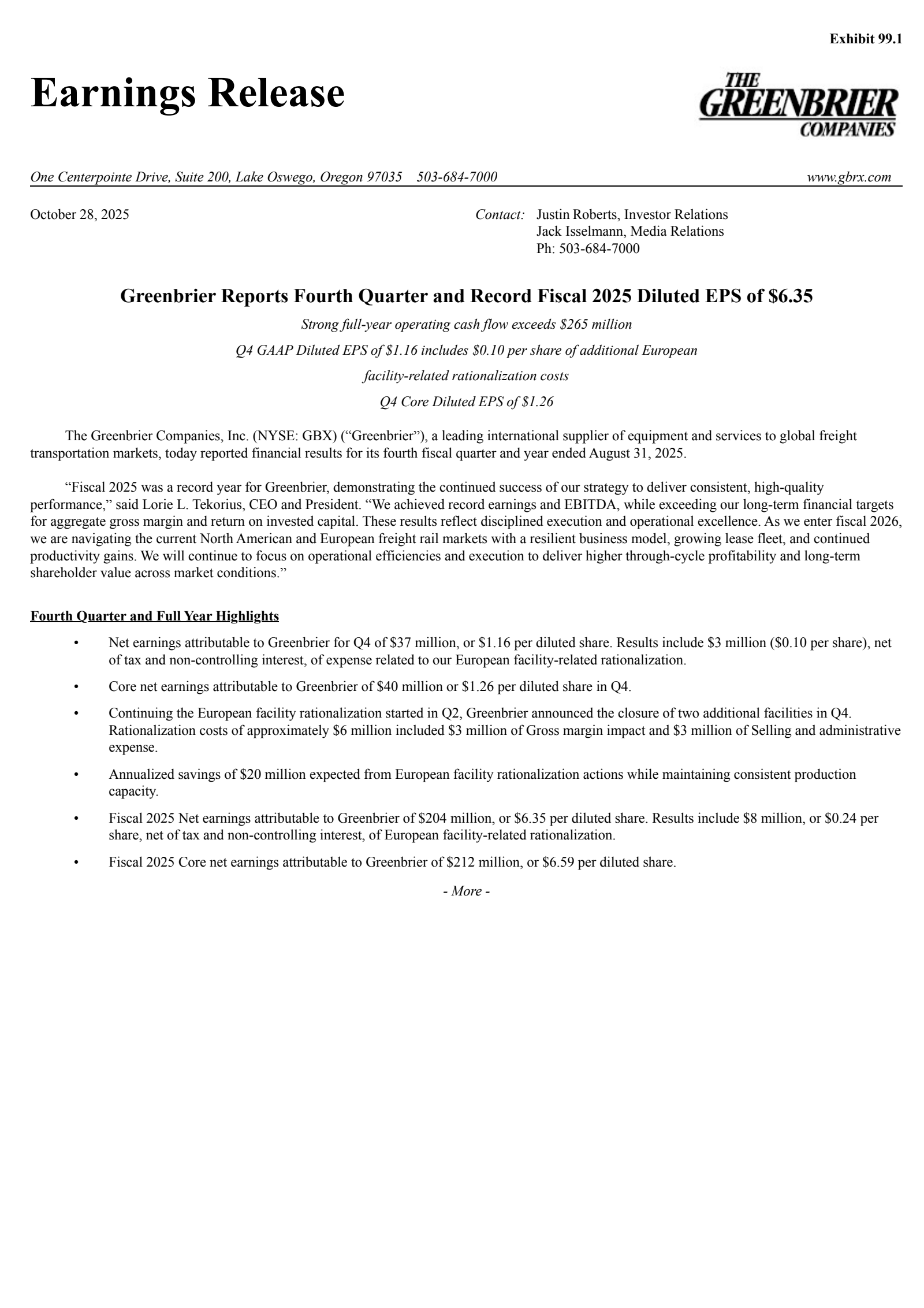 Greenbrier Companies' Q4 2025 Earnings Release