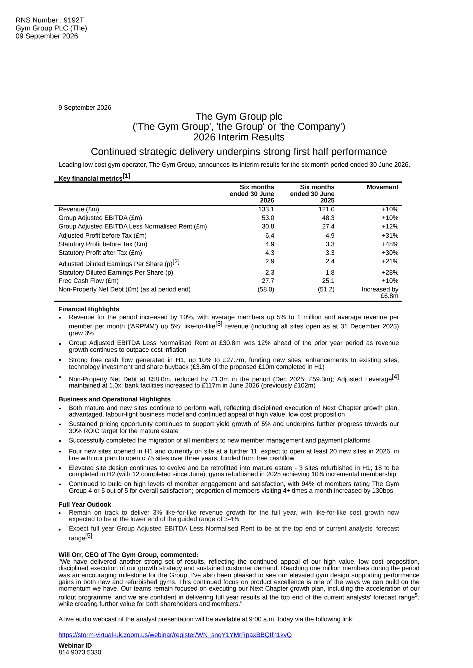 The Gym Group's H1 2026 Interim report