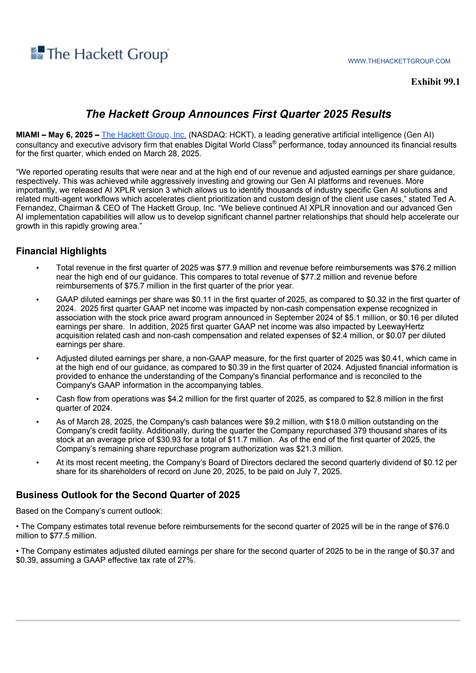 The Hackett Group's Q1 2025 Press Release