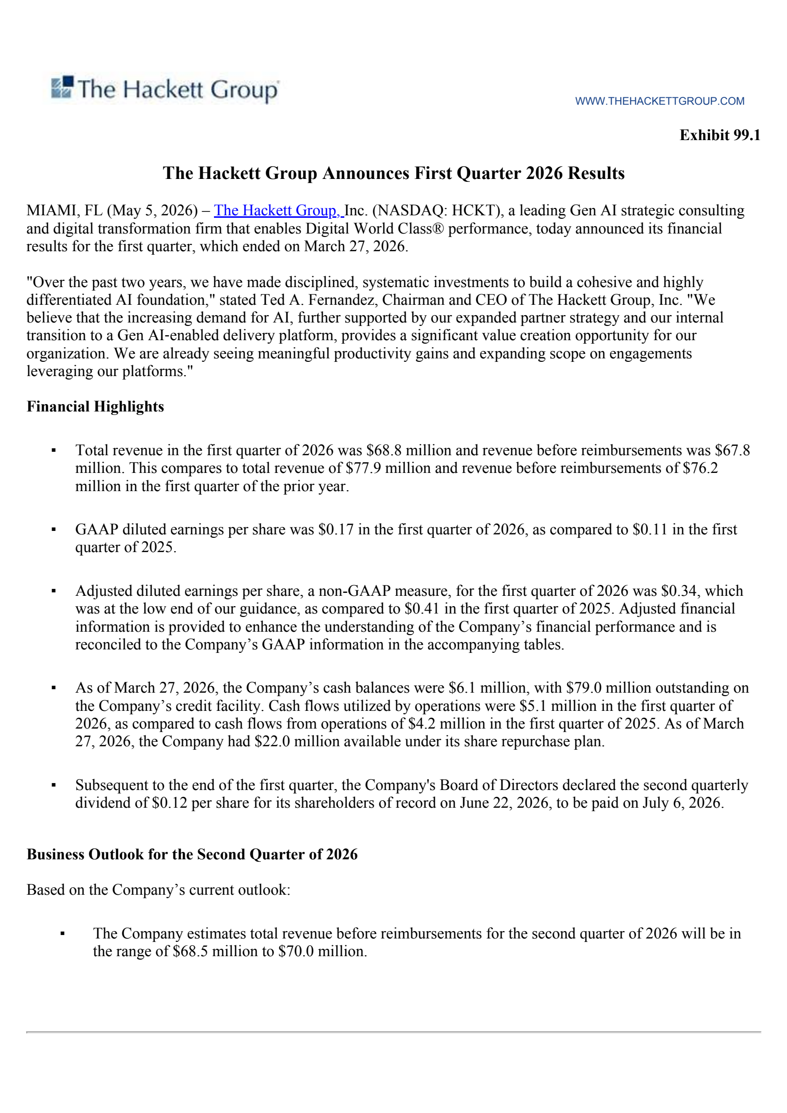 The Hackett Group's Q1 2026 Press Release
