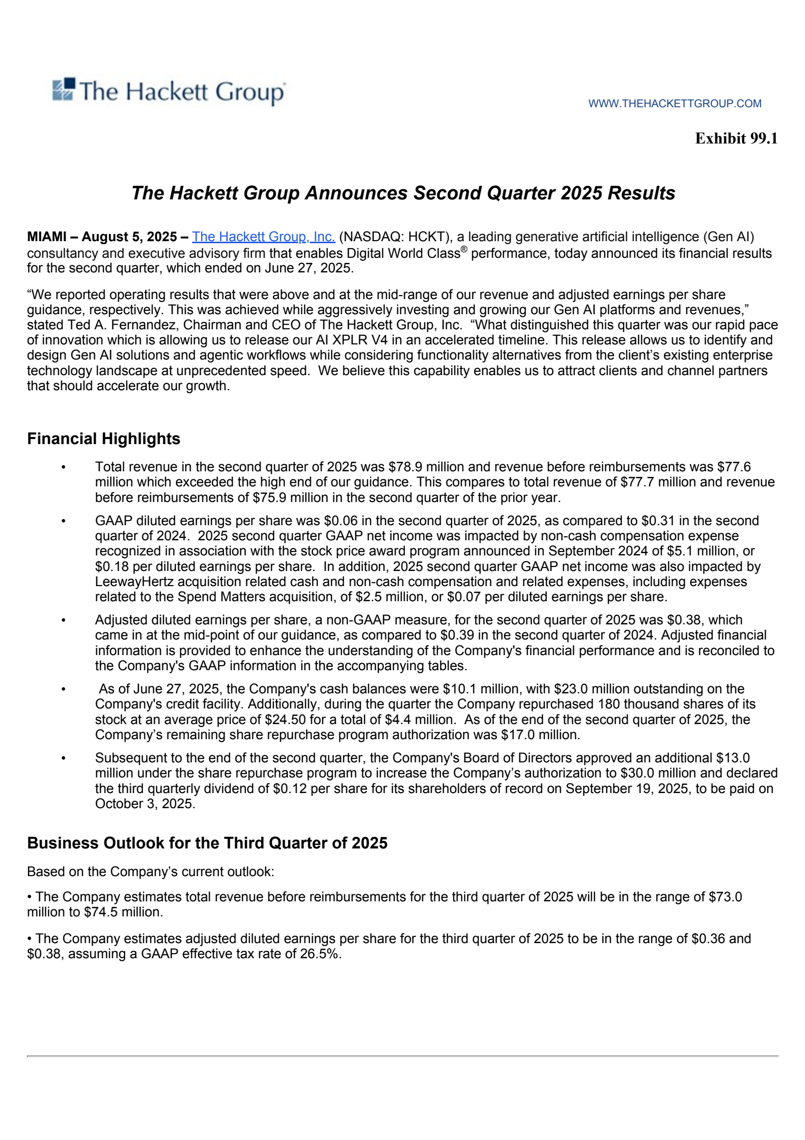The Hackett Group's Q2 2025 Press Release
