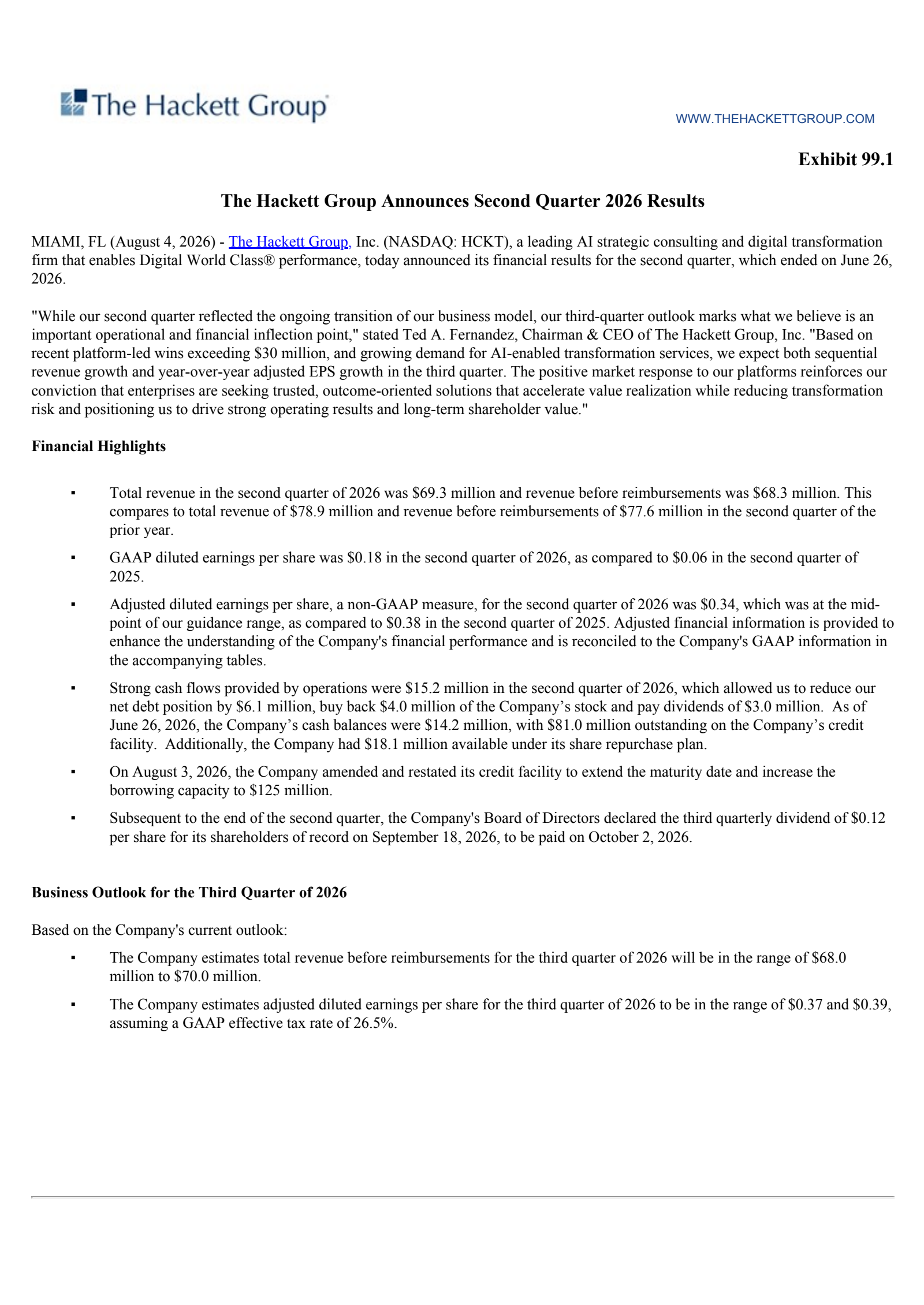 The Hackett Group's Q2 2026 Press Release