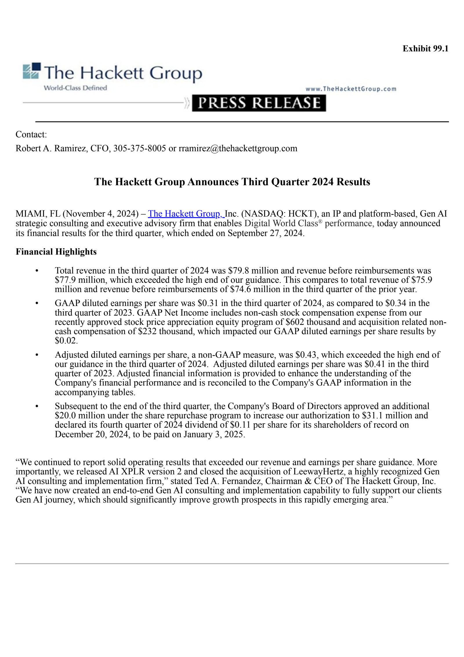 The Hackett Group's Q3 2024 Press Release