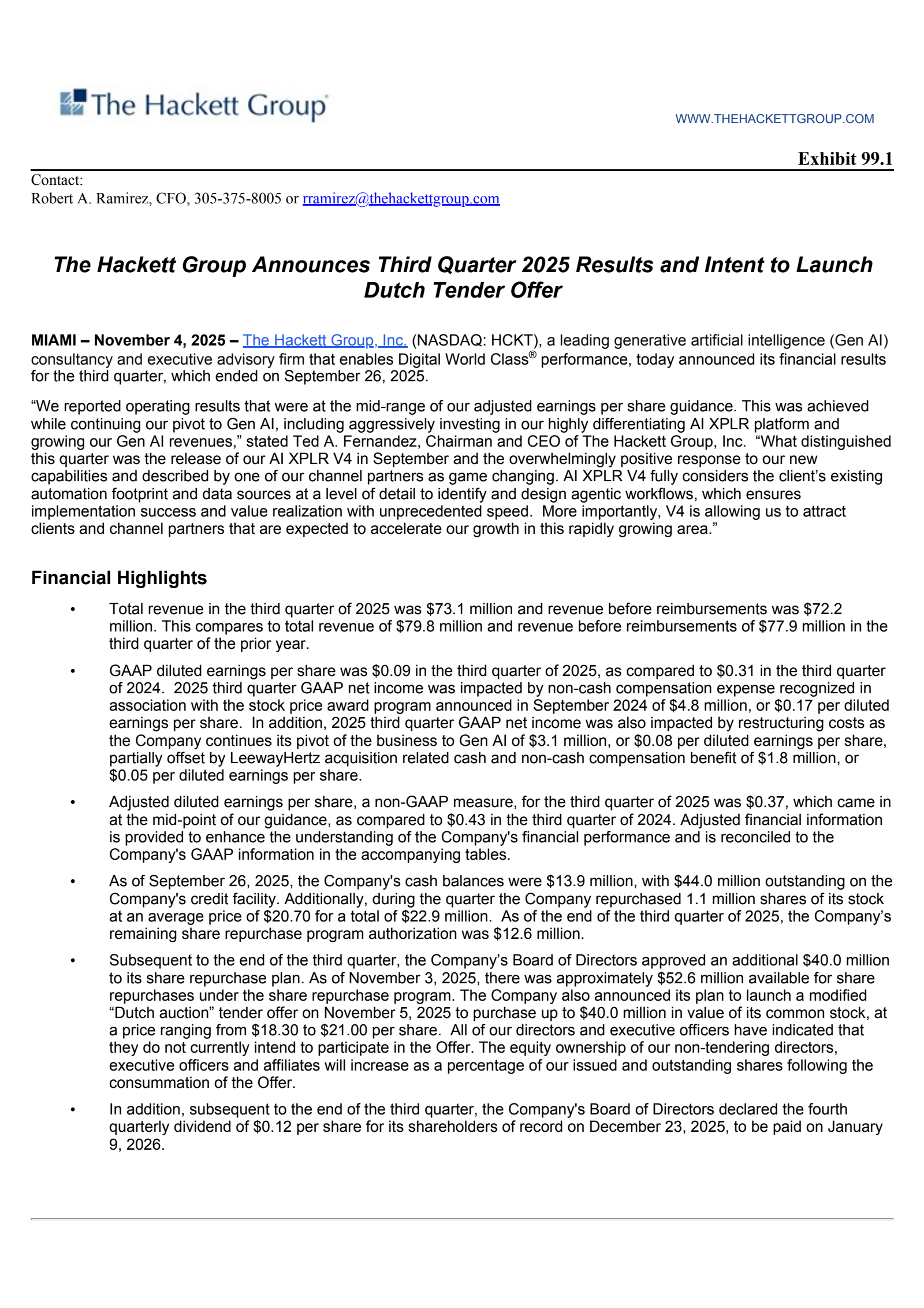 The Hackett Group's Q3 2025 Earnings Release
