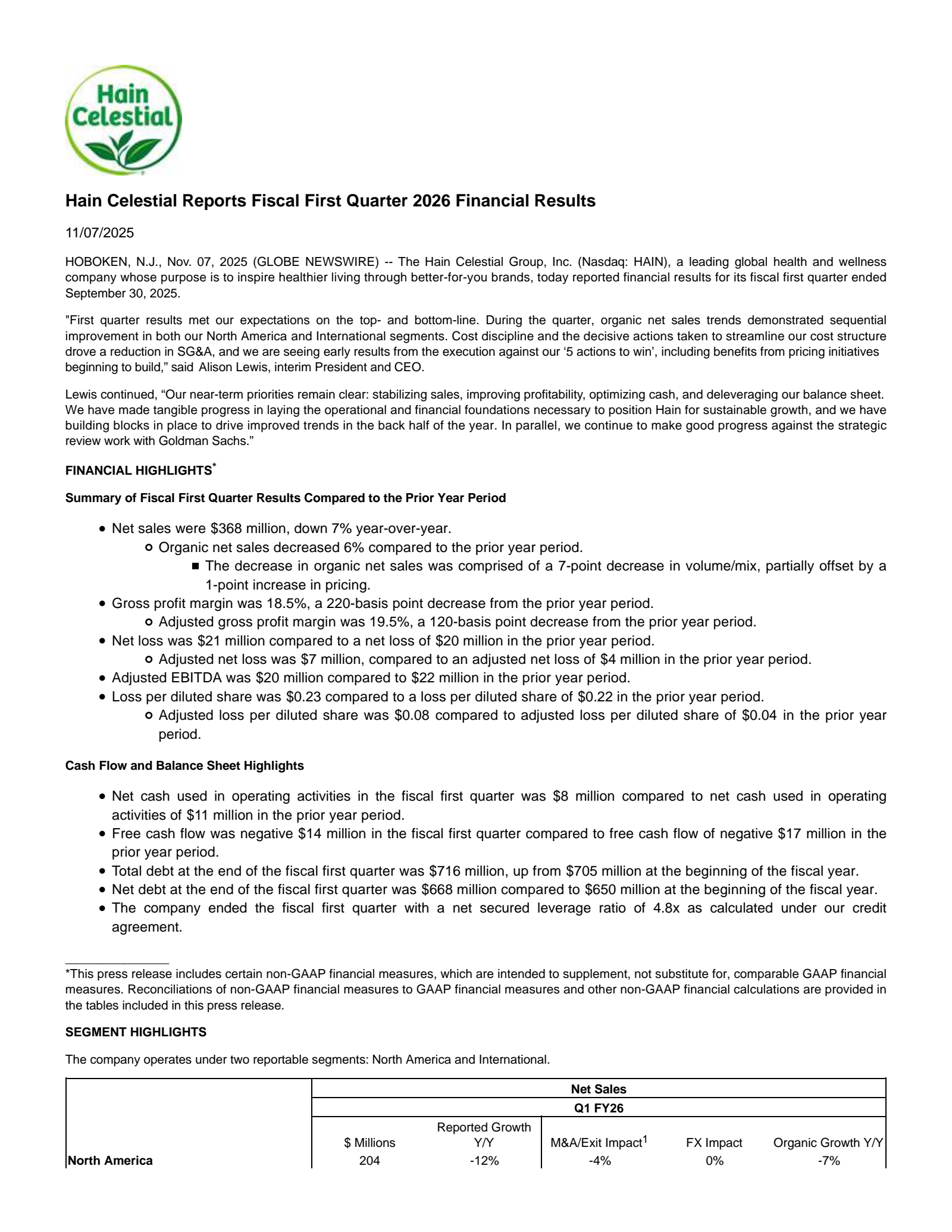 The Hain Celestial Group's Q1 2026 Earnings Release