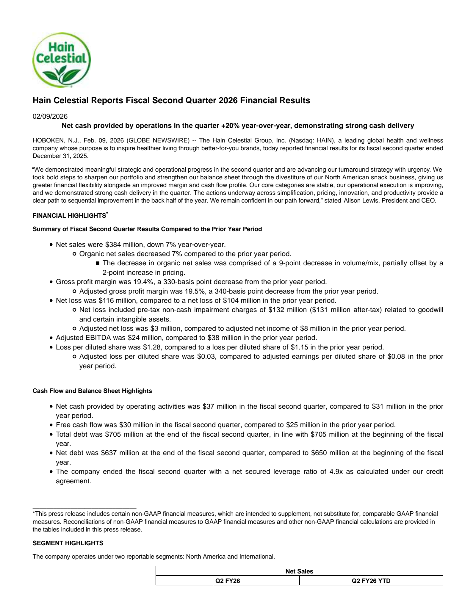 The Hain Celestial Group's Q2 2026 Press Release
