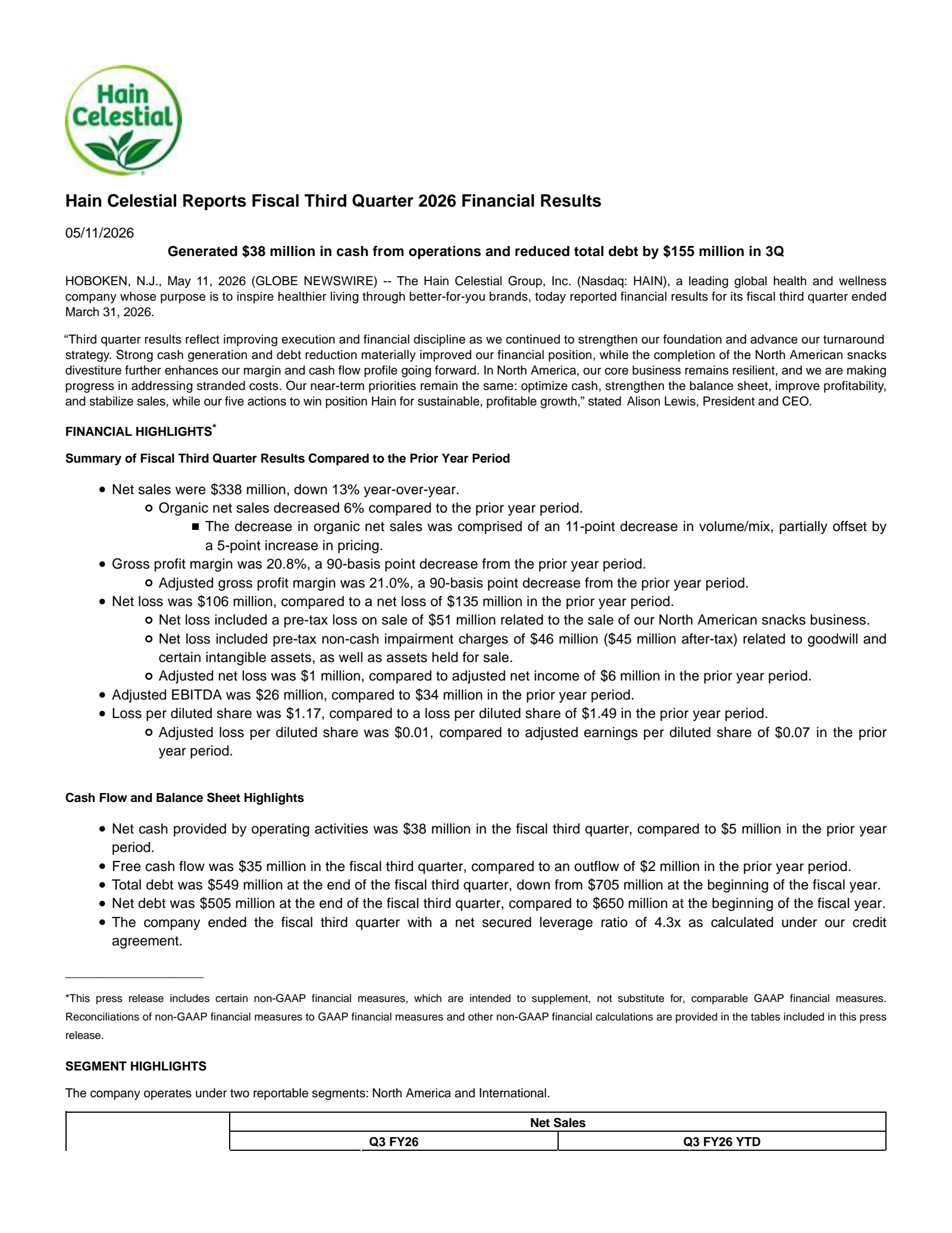 The Hain Celestial Group's Q3 2026 Press Release
