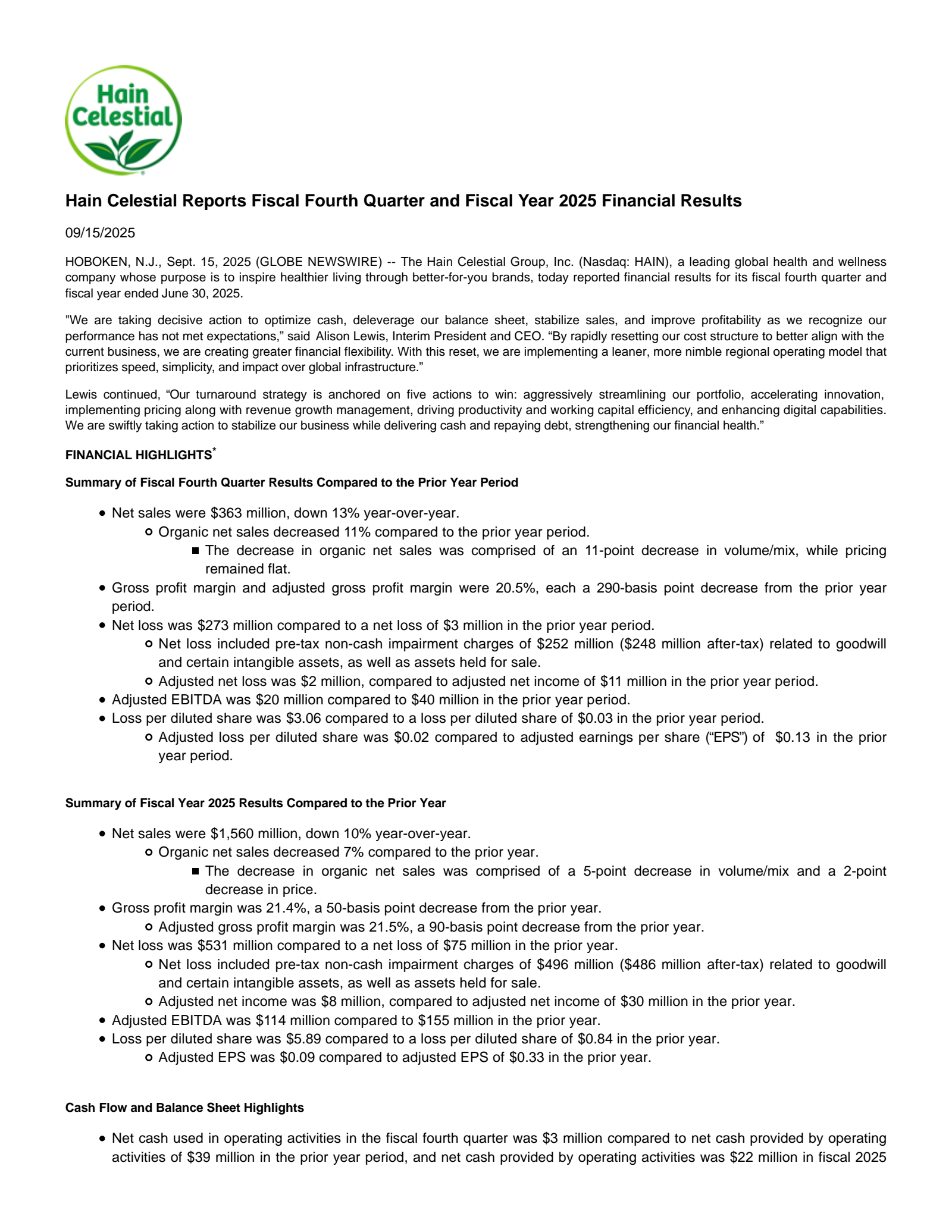 The Hain Celestial Group's Q4 2025 Earnings Release
