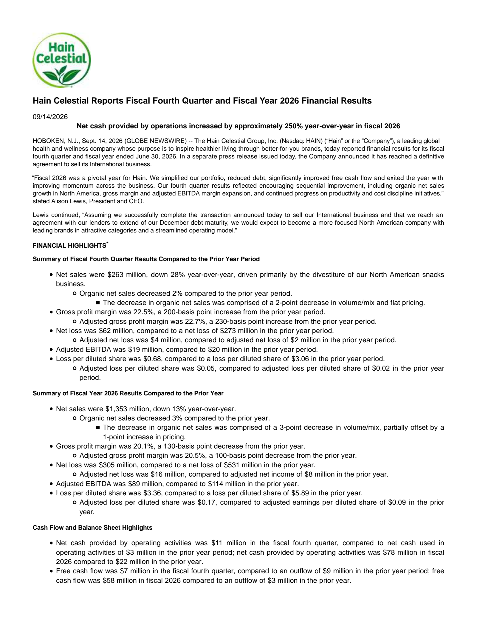 The Hain Celestial Group's Q4 2026 Press Release