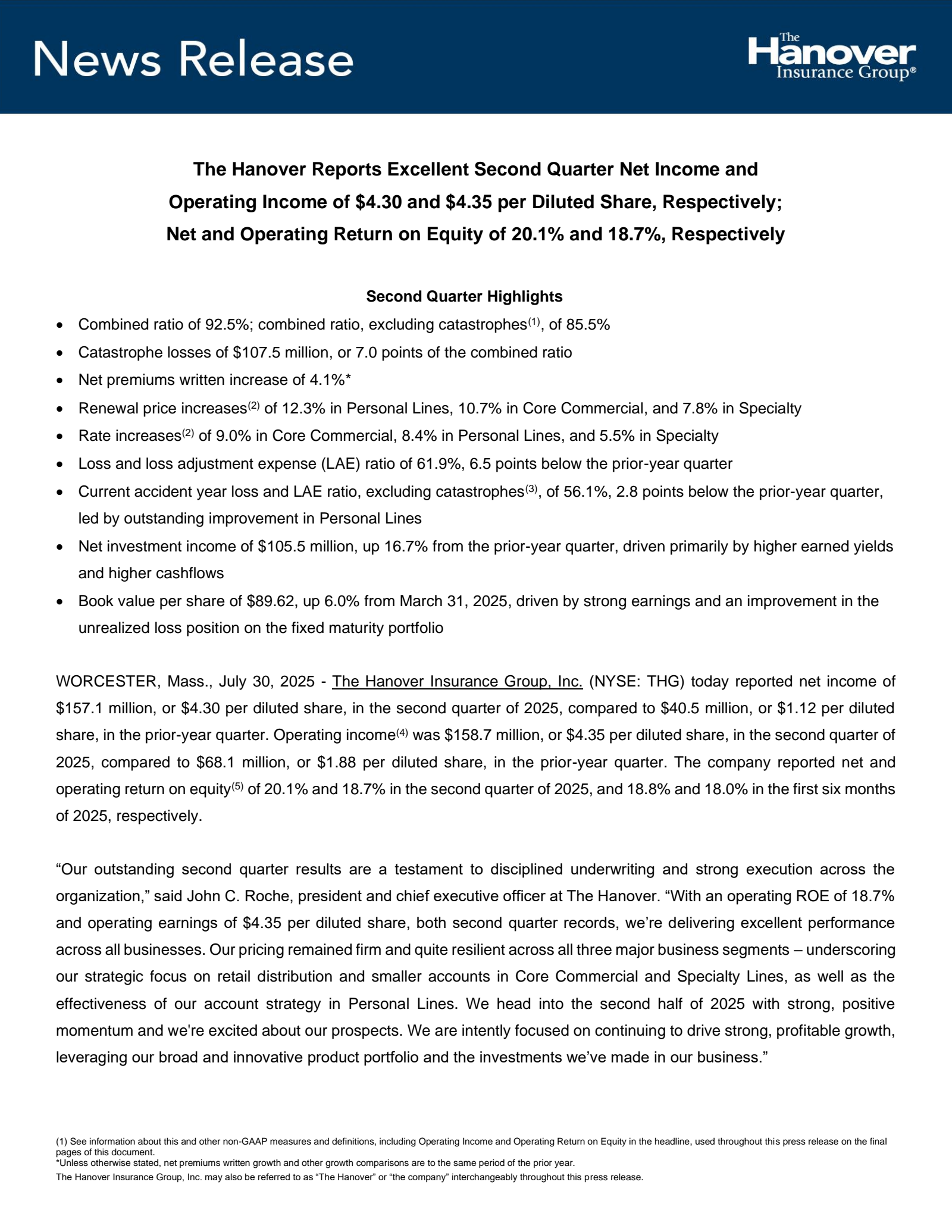 The Hanover Insurance Group's Q2 2025 Press Release