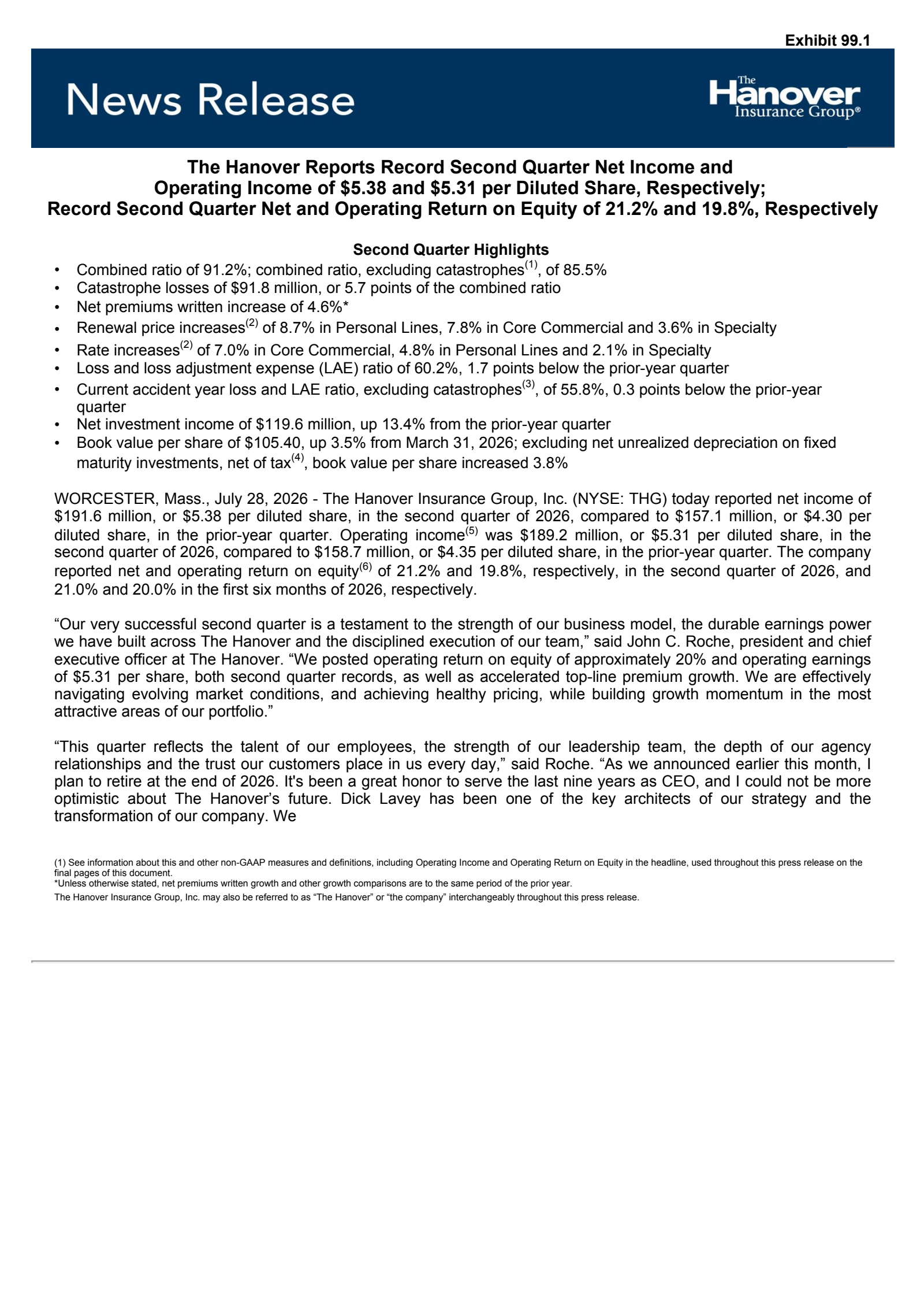 The Hanover Insurance Group's Q2 2026 Press Release