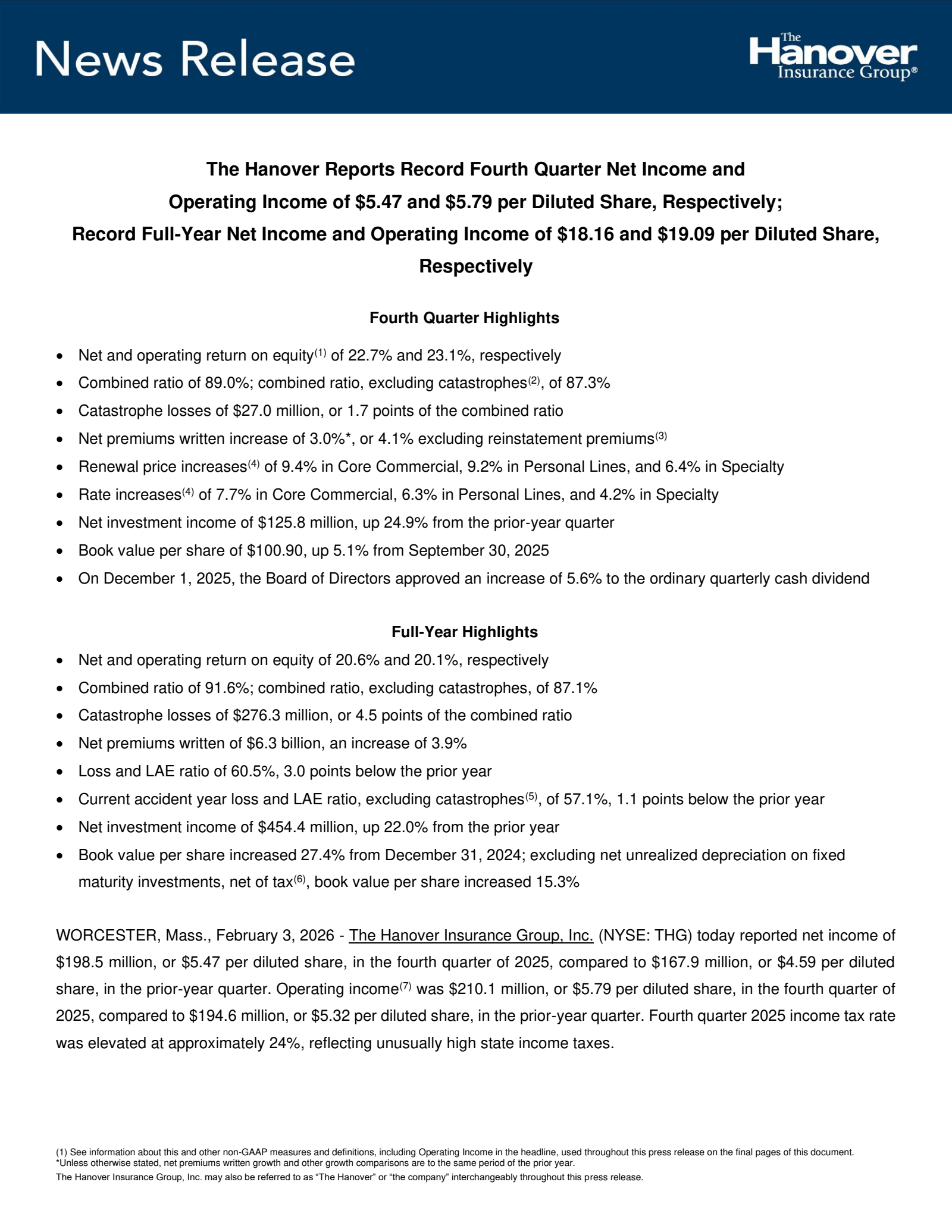The Hanover Insurance Group's Q4 2025 Press Release