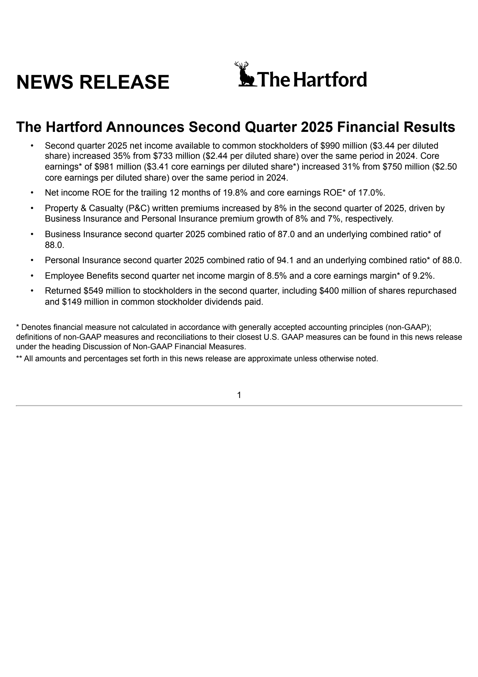 The Hartford Insurance Group's Q2 2025 Press Release