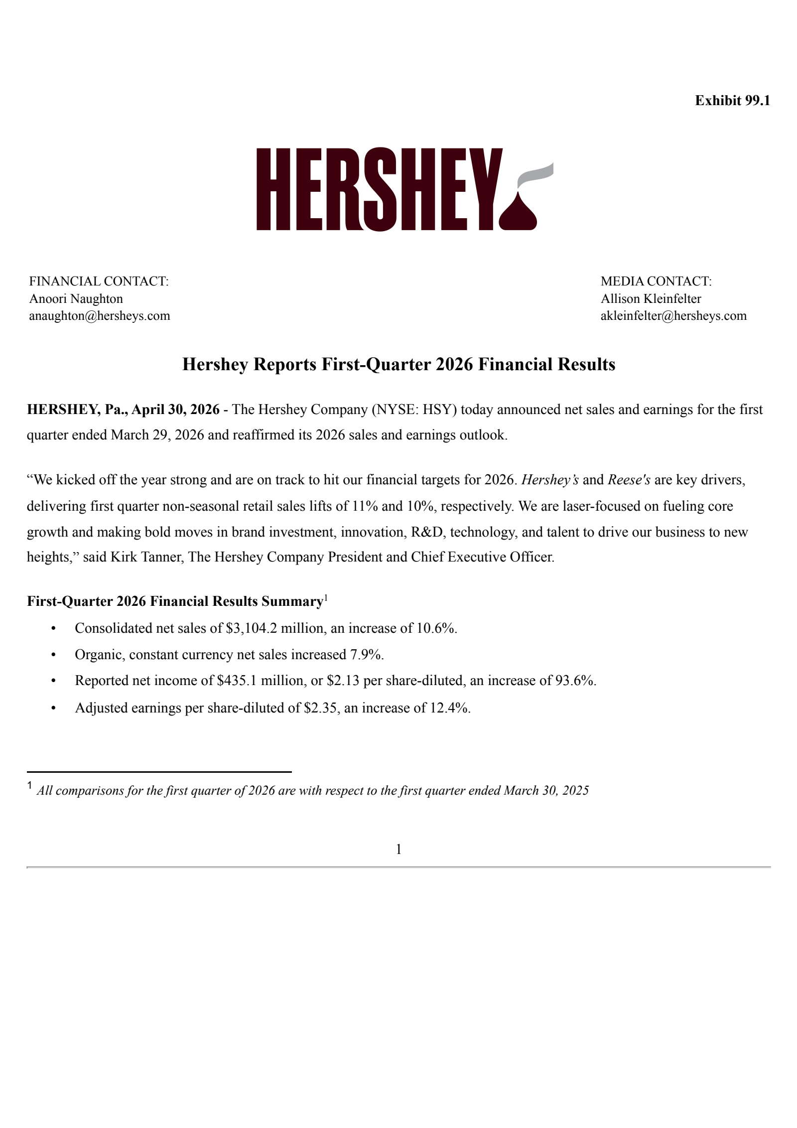 Hershey's Q1 2026 Prepared Remarks Press Release