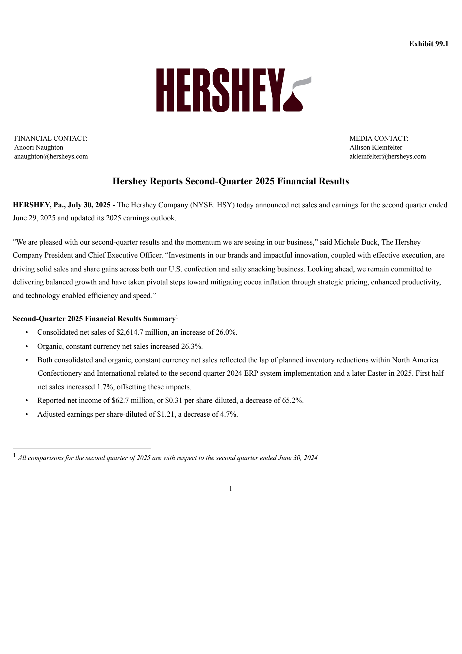 Hershey's Q2 2025 Prepared Remarks Press Release
