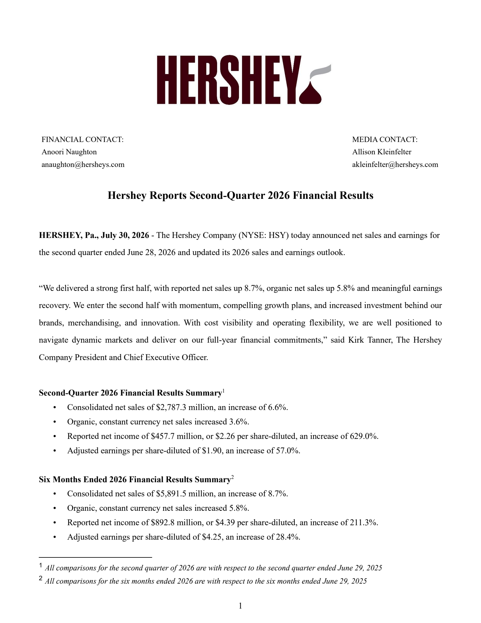 Hershey's Q2 2026 Prepared Remarks Press Release