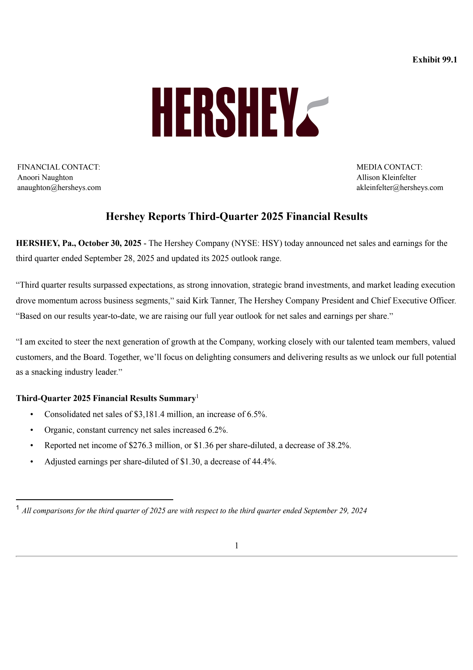 Hershey's Q3 2025 Prepared Remarks Earnings Release