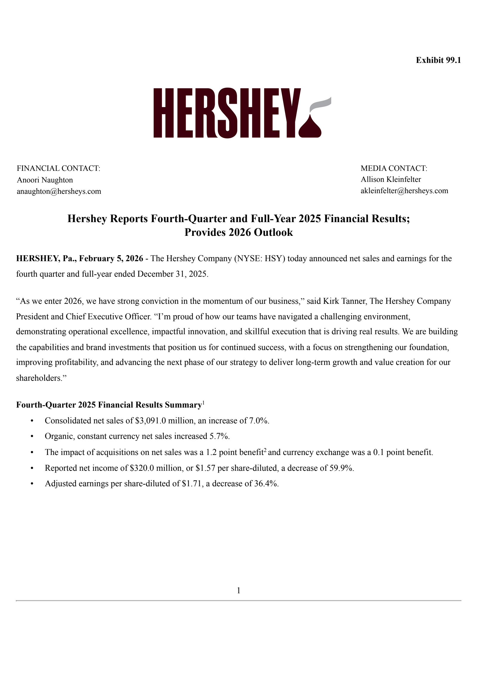 Hershey's Q4 2025 Prepared Remarks Press Release
