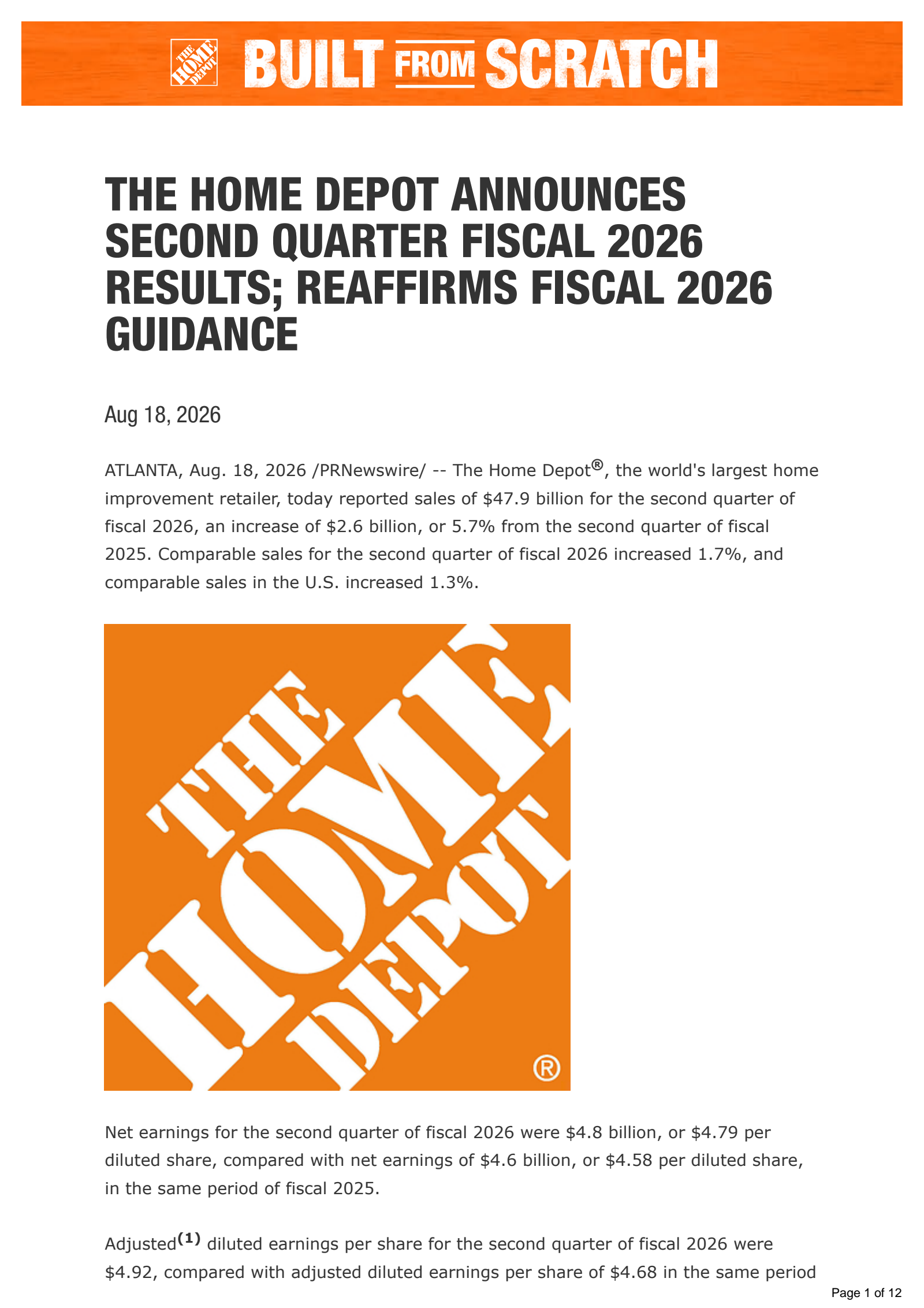 Home Depot's Q2 2026 Press Release