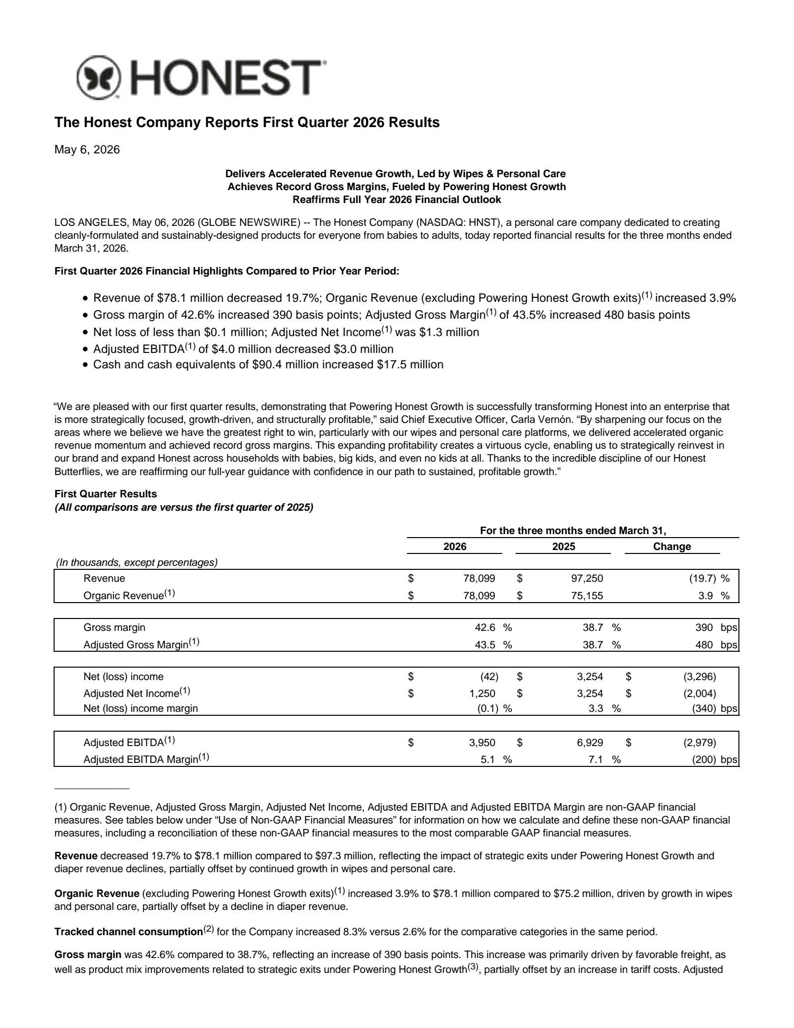 Honest's Q1 2026 Press Release