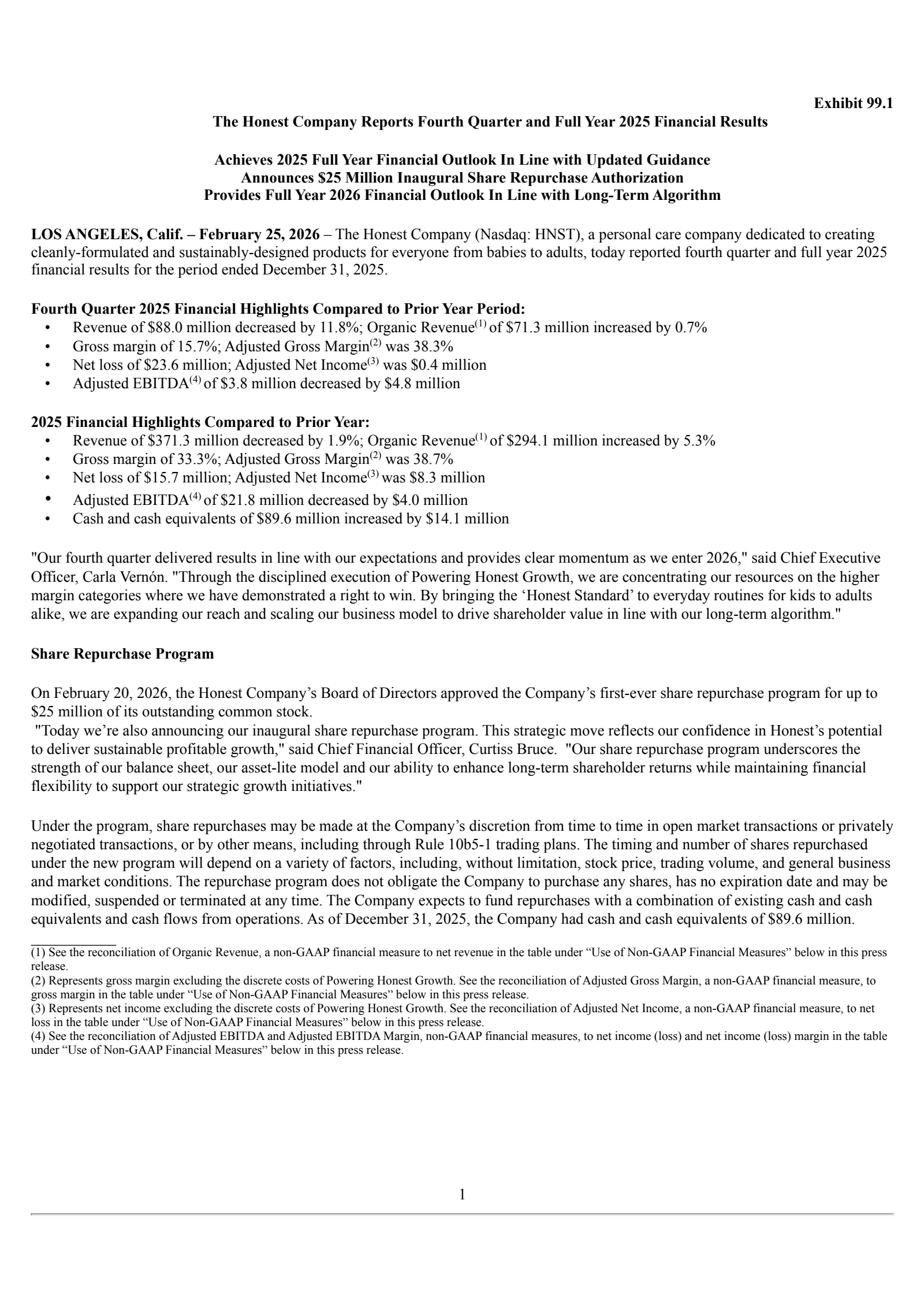 Honest's Q4 2025 Press Release