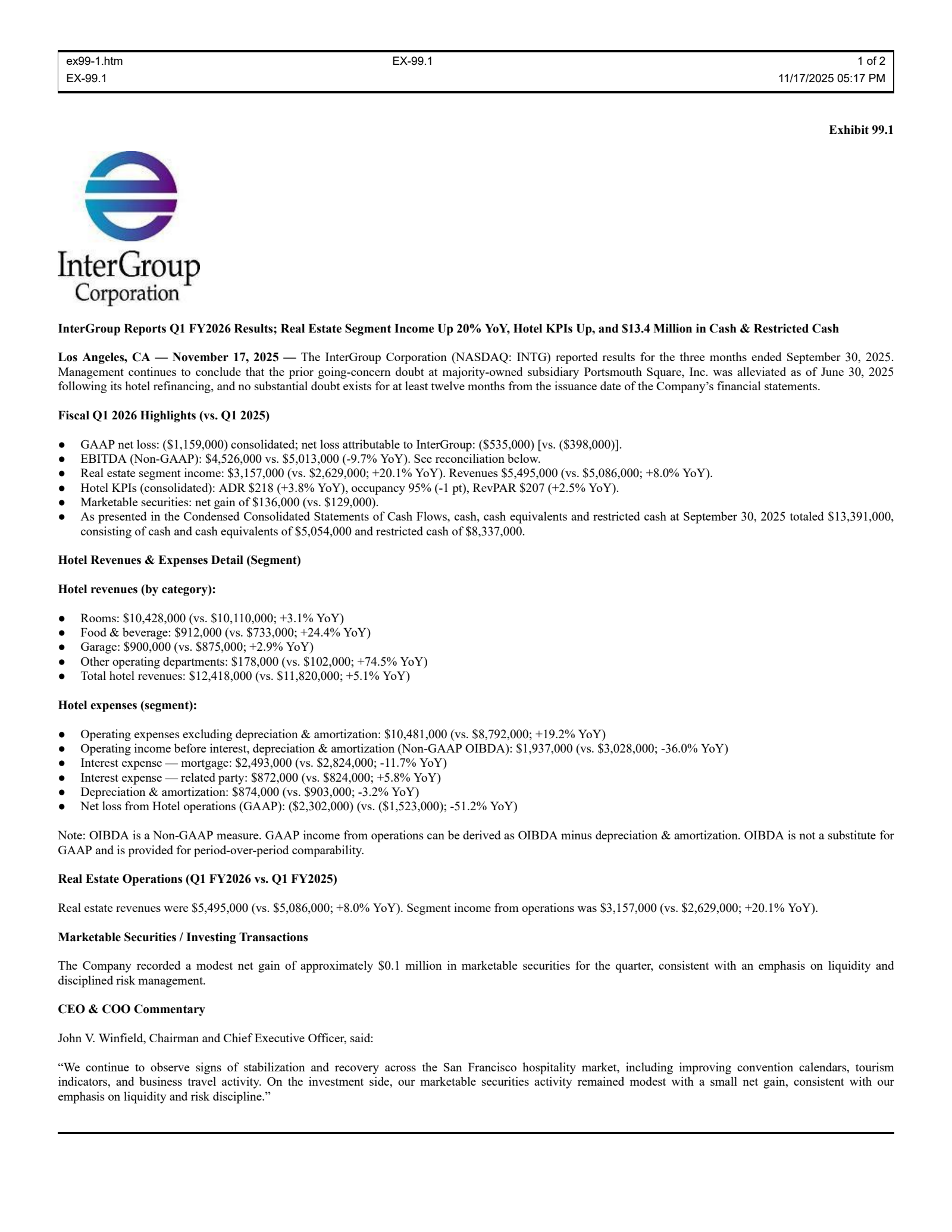 Intergroup's Q1 2026 Press Release