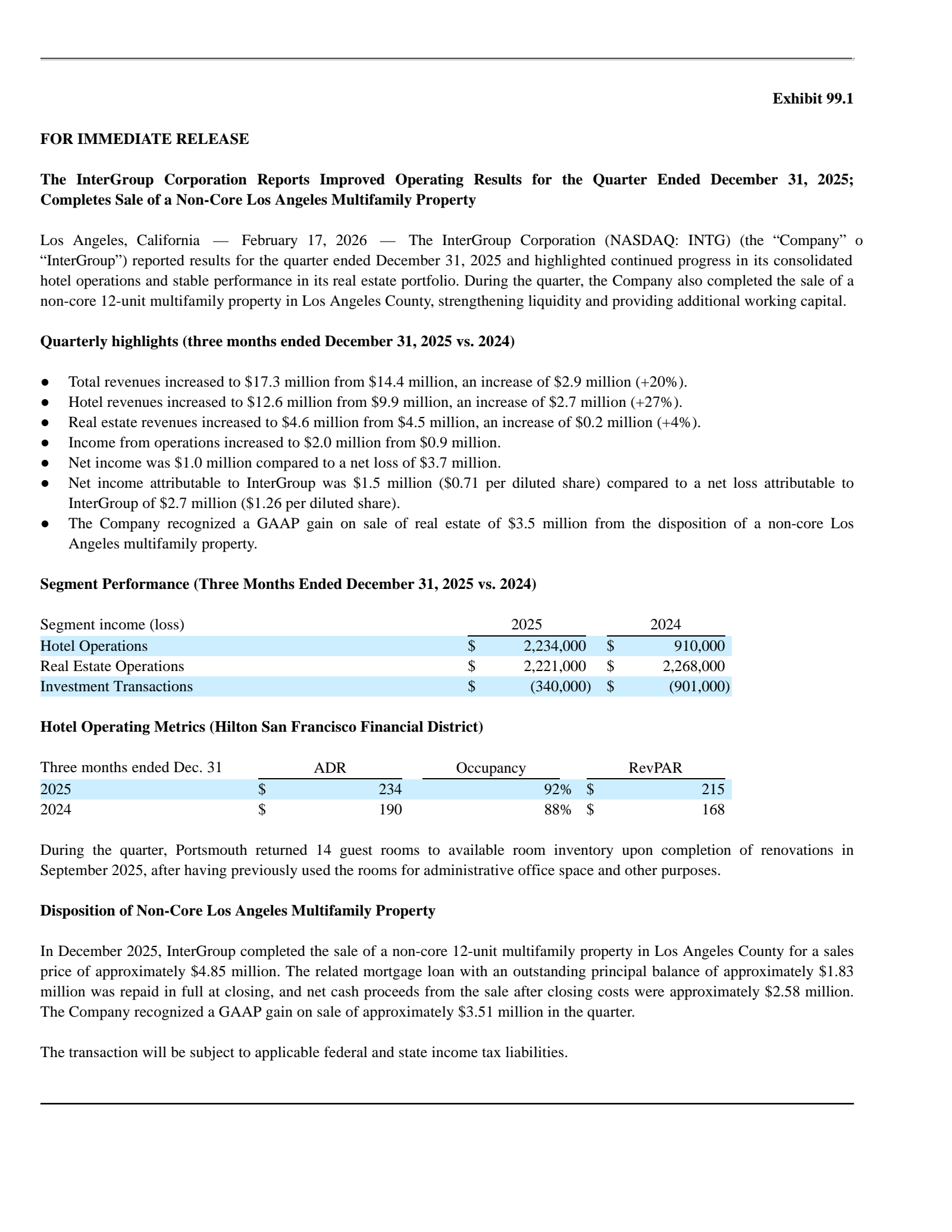 Intergroup's Q2 2026 Press Release