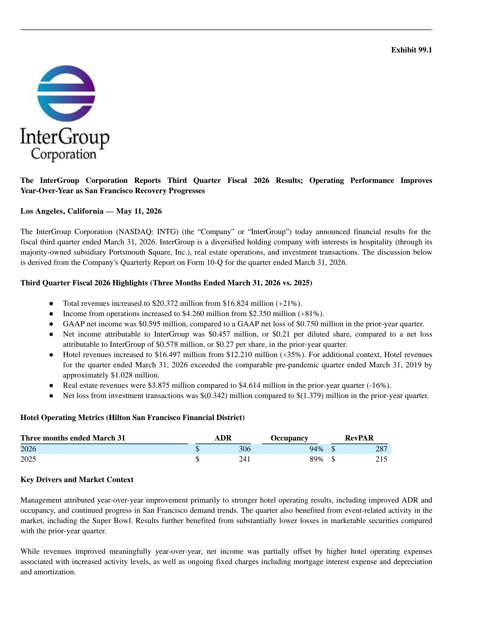 Intergroup's Q3 2026 Press Release