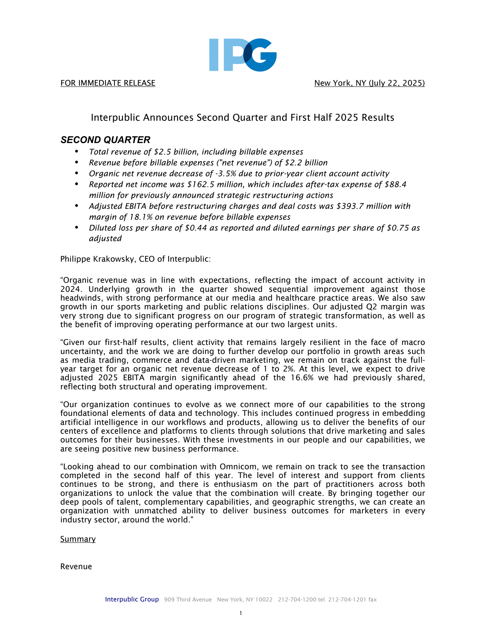 Interpublic Group of Companies' Q2 2025 Press Release