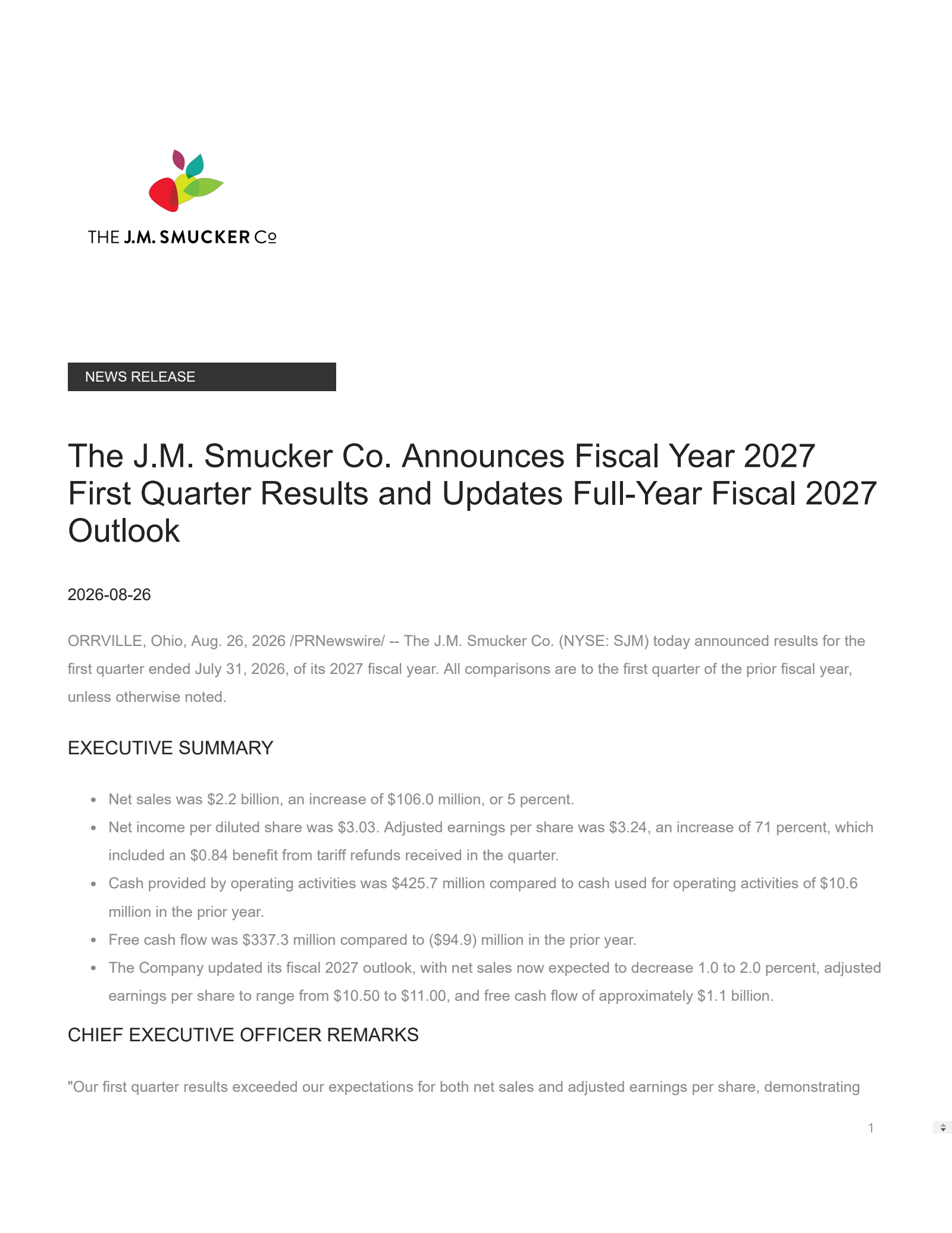 J. M. Smucker's Q1 2027 Prepared Remarks Press Release