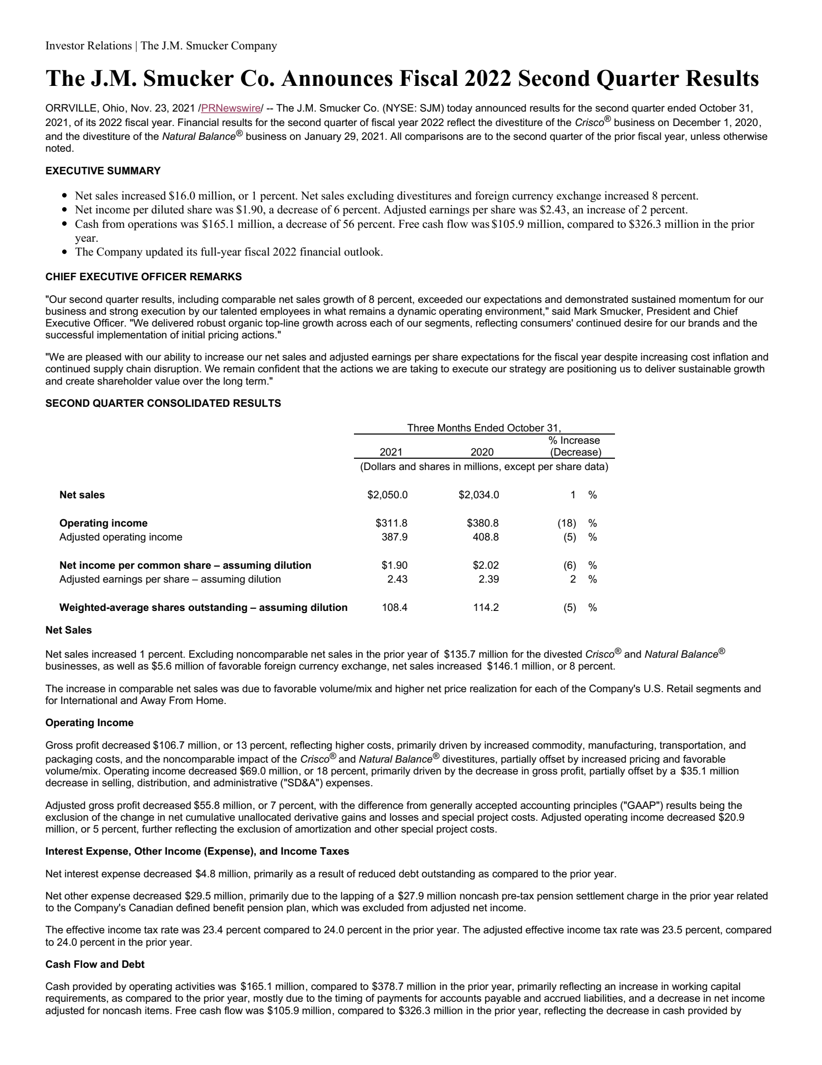 J. M. Smucker's Q2 2022 Prepared Remarks Earnings Release