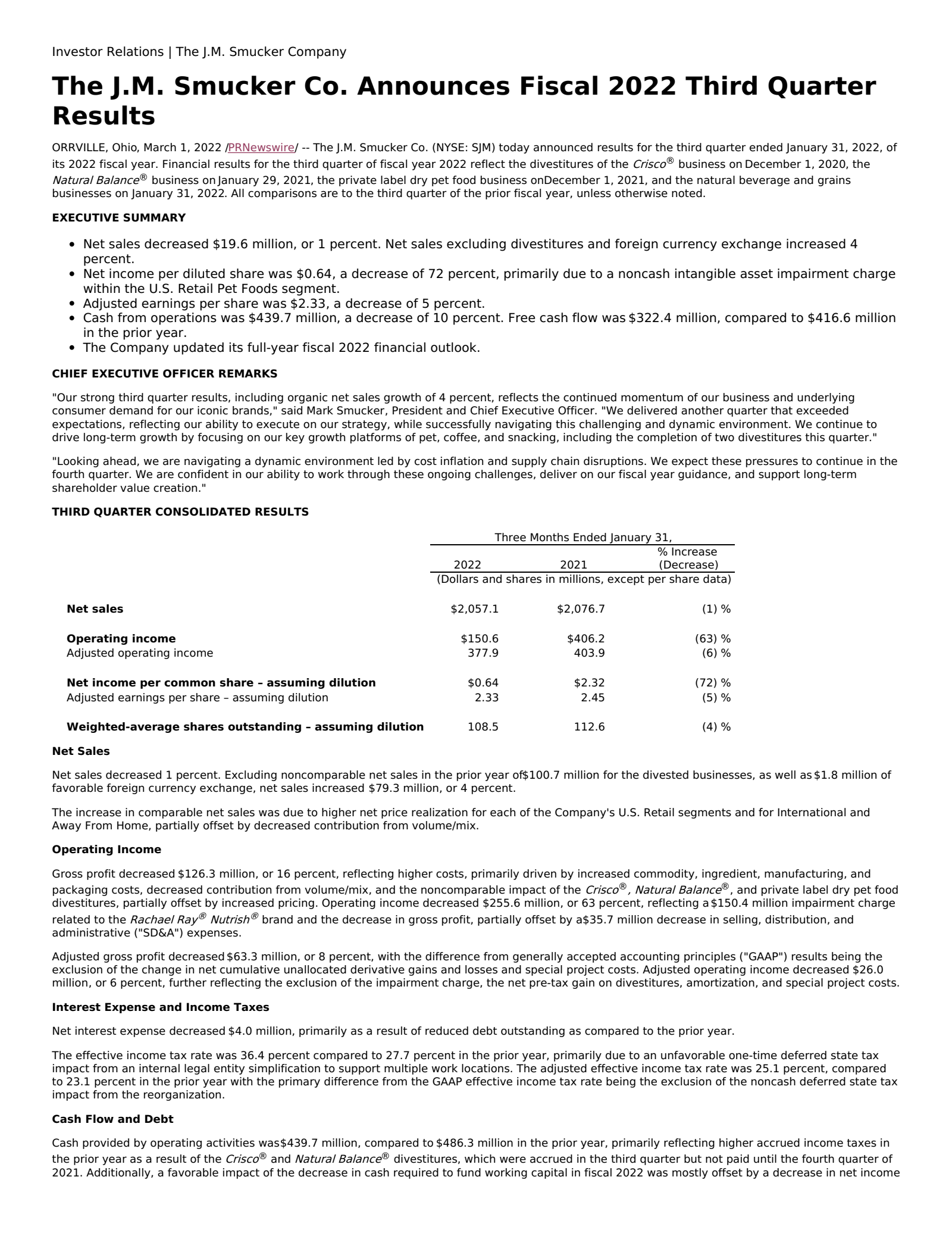 J. M. Smucker's Q3 2022 Prepared Remarks Earnings Release