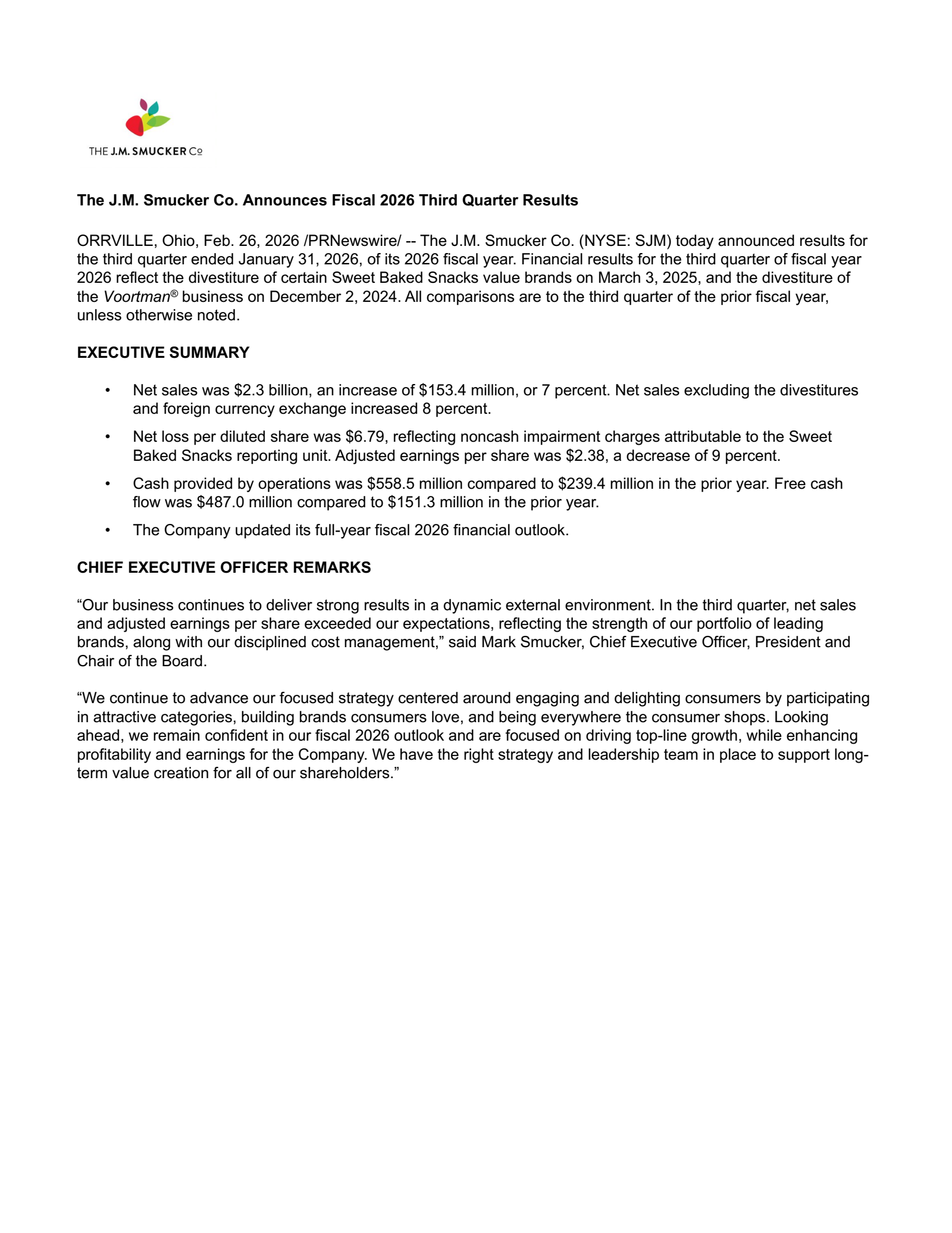 J. M. Smucker's Q3 2026 Prepared Remarks Press Release