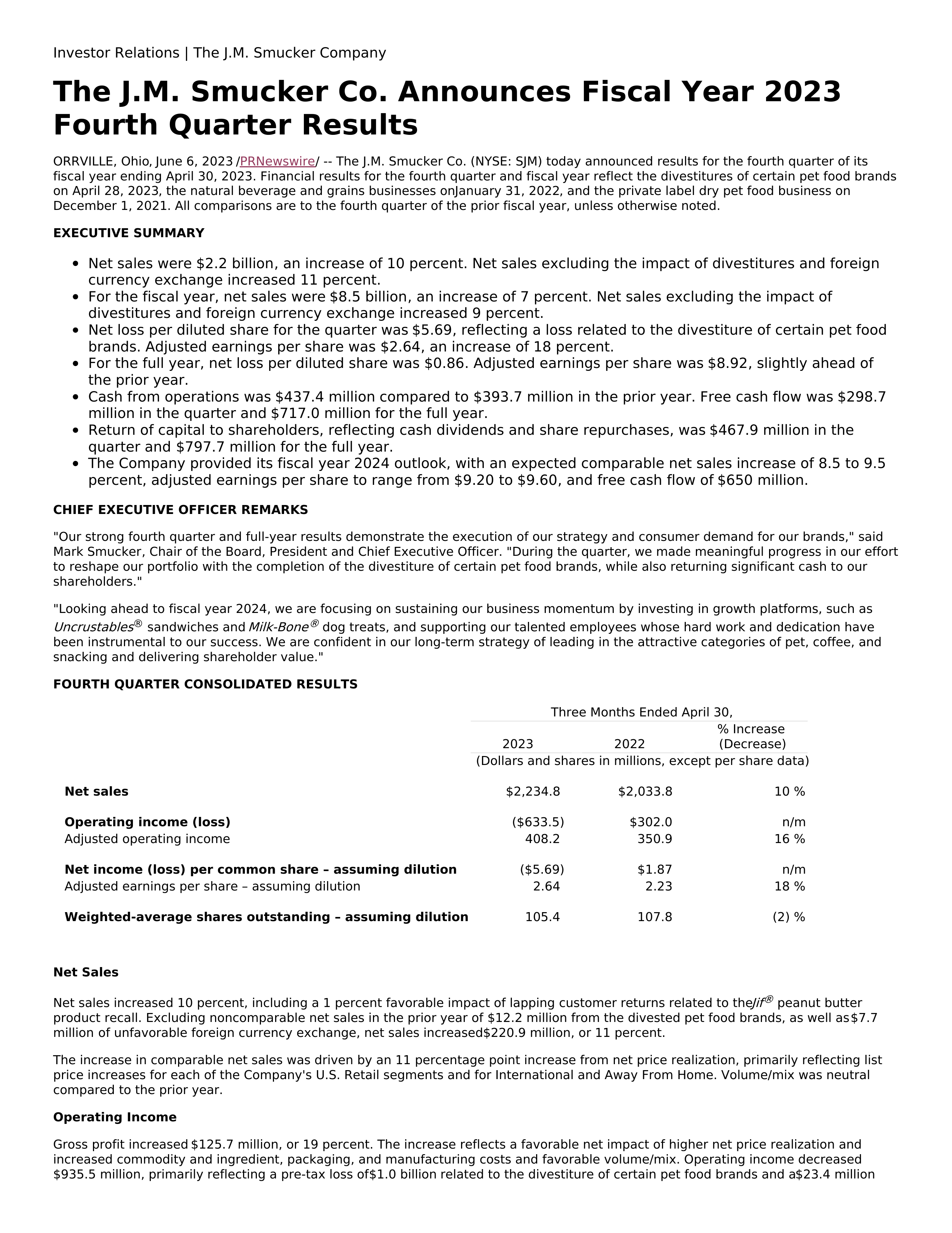 J. M. Smucker's Q4 2023 Prepared Remarks Press Release